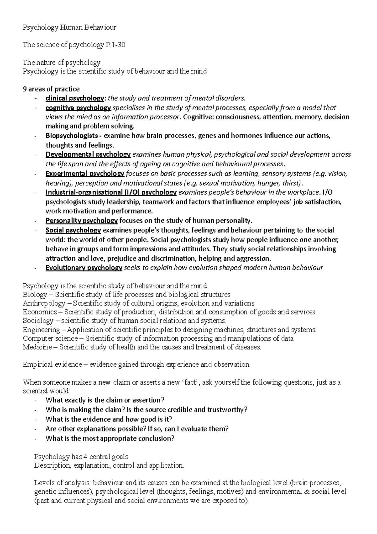 101184 Psychology Human Behaviour Weekly Study Notes and Insights - Studocu