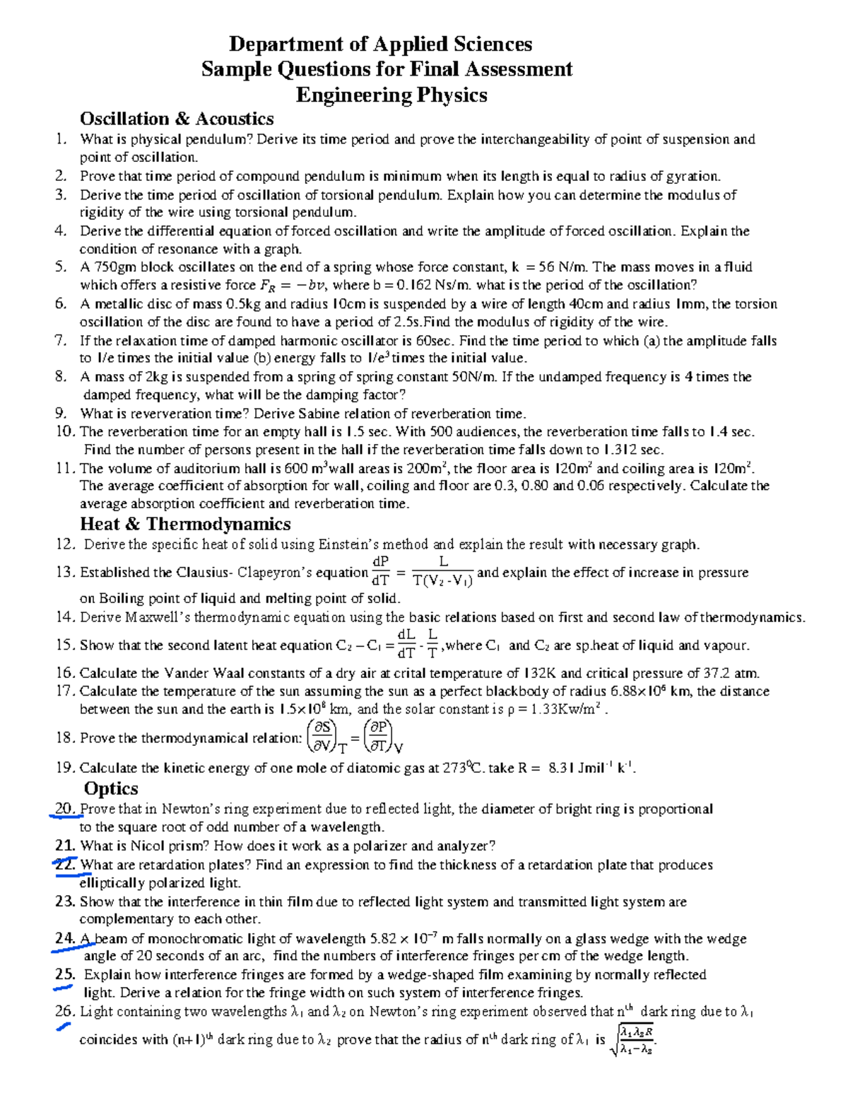Applied Sciences PHYS 101 Sample Questions for Final Assessment on ...