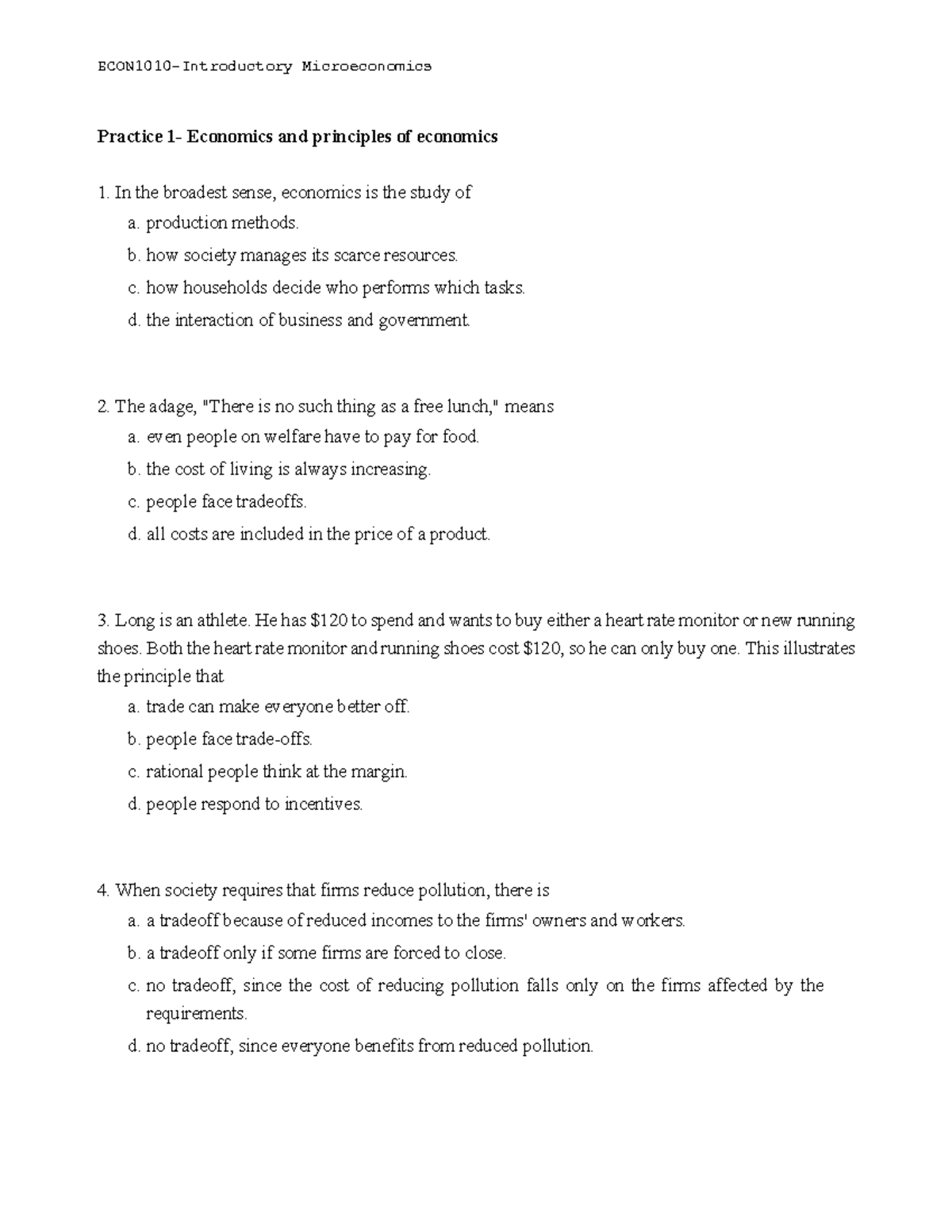 Microeconomics Practice - Principles of Economics 1 Homework - Studocu