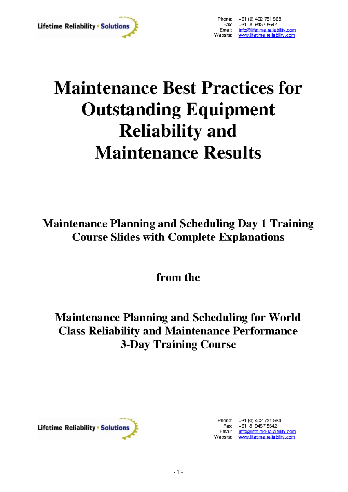 Maintenance Best Practices for Equipment Reliability: Day 1 Training ...