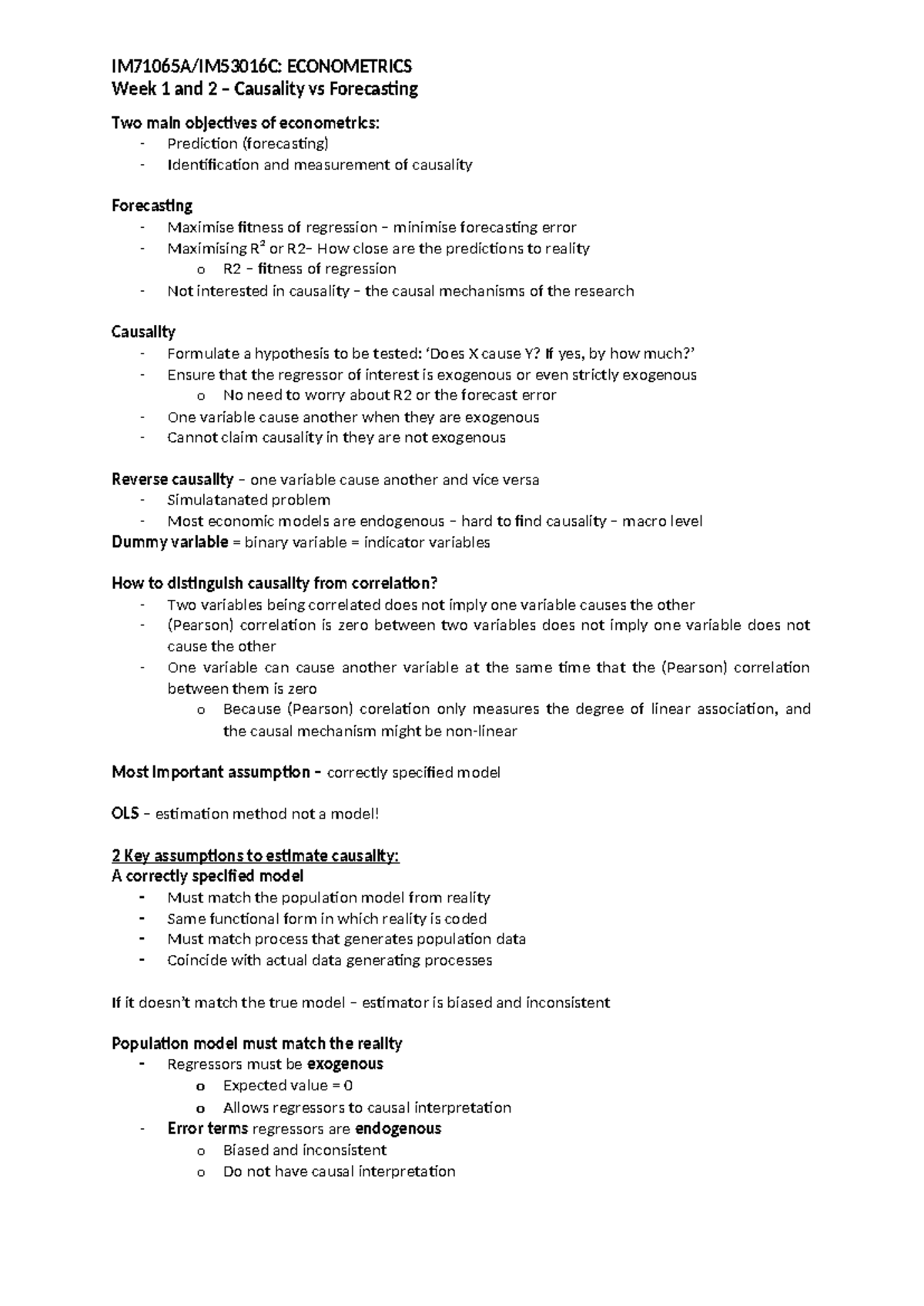 Week 1 & 2: Exploring Causality and Forecasting in Econometrics - Studocu