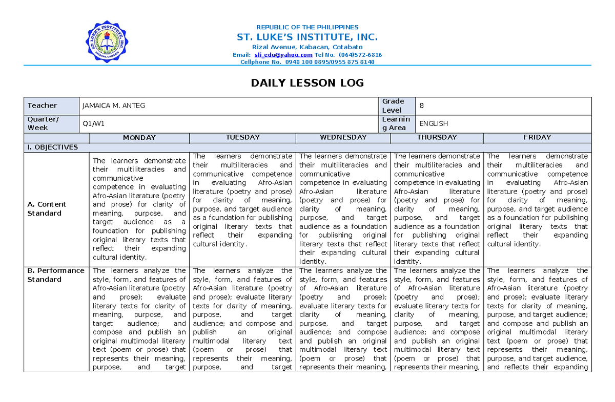 Daily Lesson Log (DLL) 1: Eng 8 - Character & Characterization (Q1-W1 ...