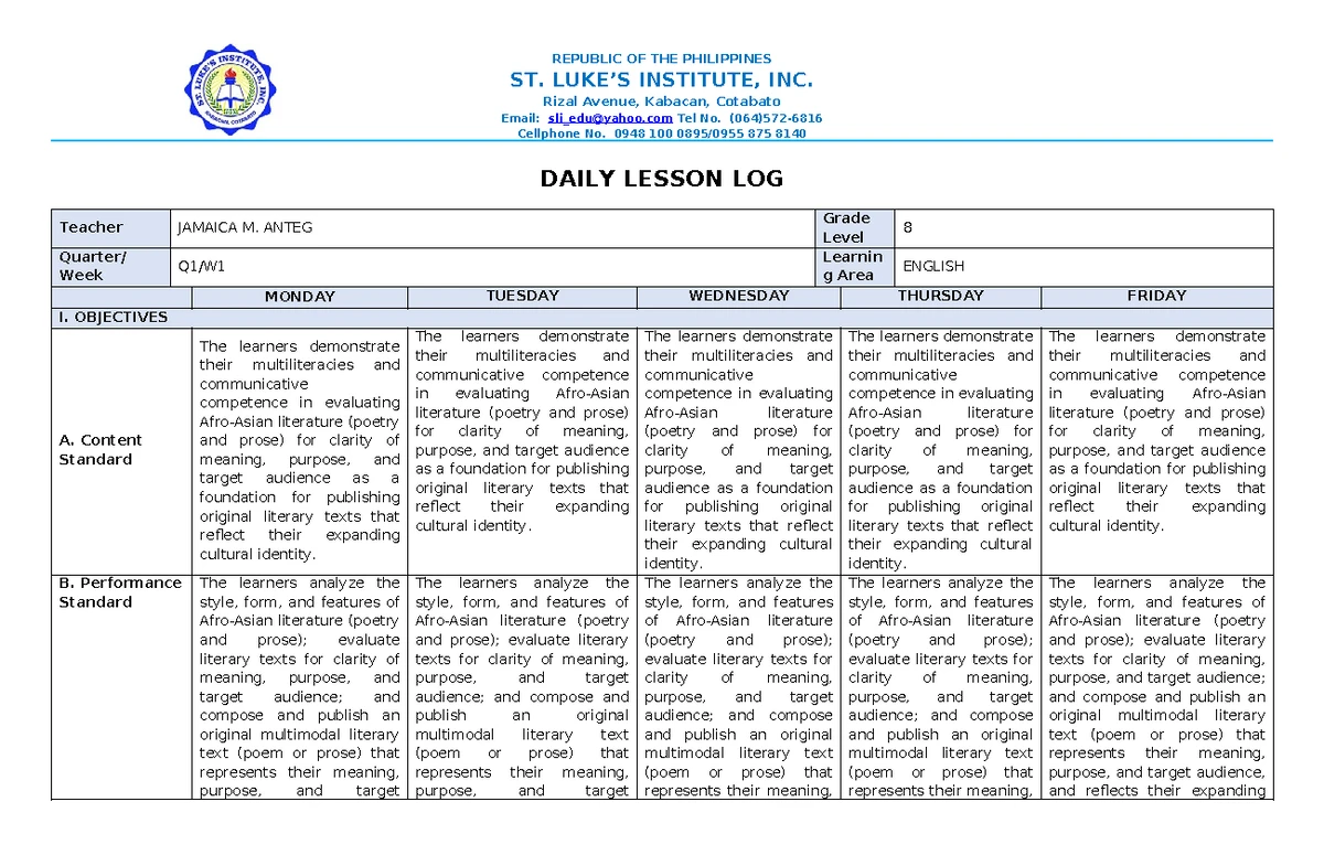 DLL Matatag K to 10 English 8 Weekly Lesson Log - Q1 W1 - Studocu