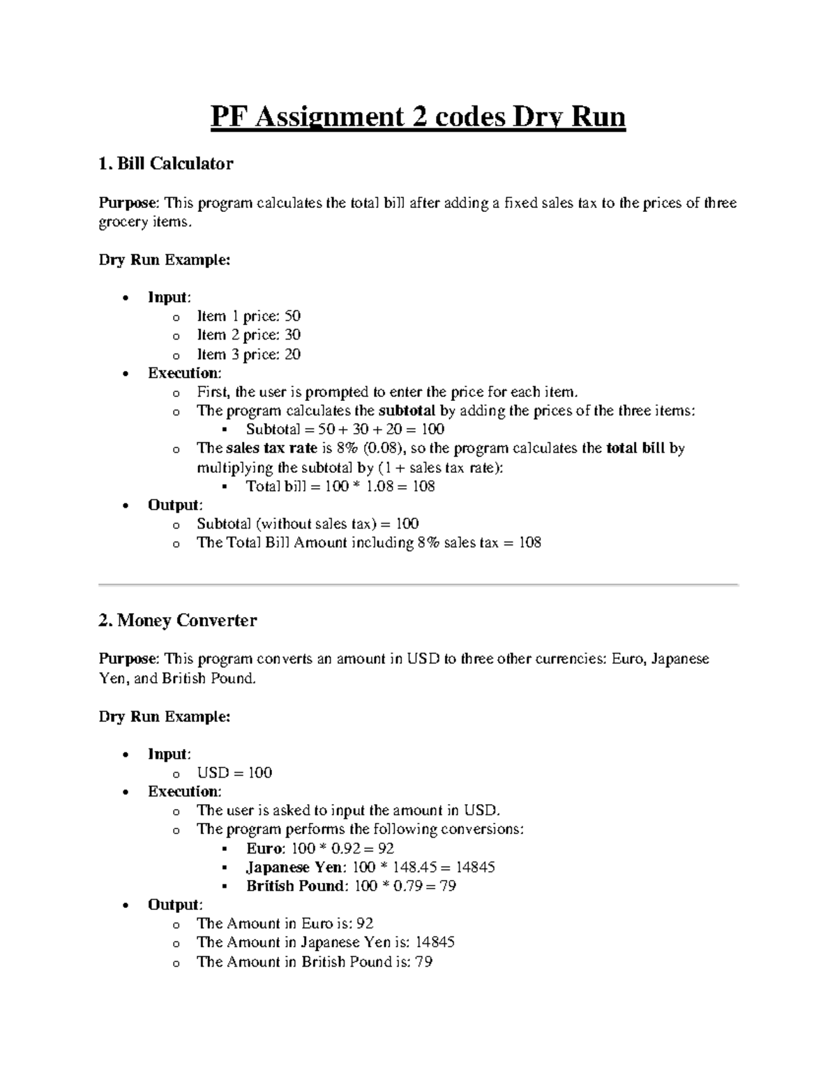 PF Assignment 2: Dry Run for Various Bill Calculation Programs - Studocu