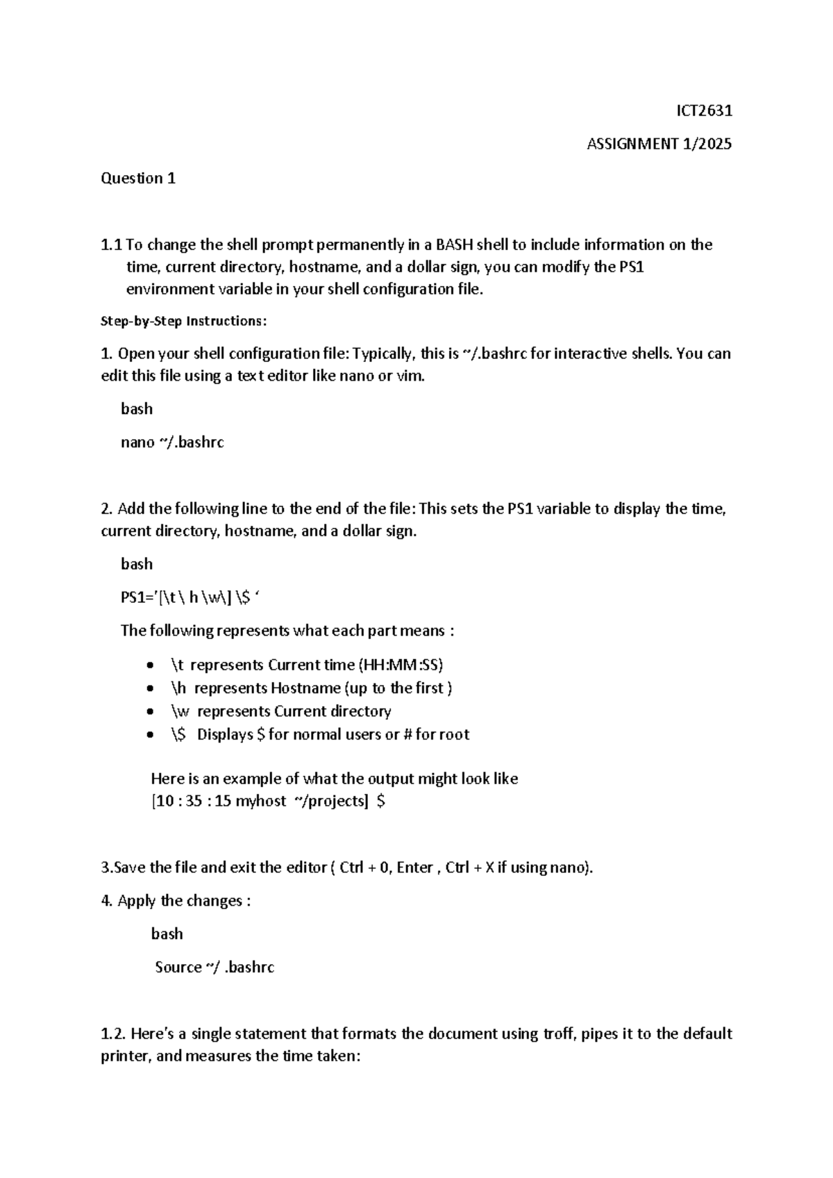 ICT2631 ASSIGNMENT: Modifying BASH Shell Prompt & Swap Management - Studocu