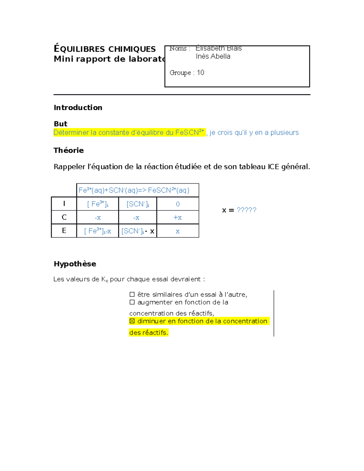 Rapport de Labo 3 - Équilibre chimique et Constante Kc du FeSCN2+ - Studocu
