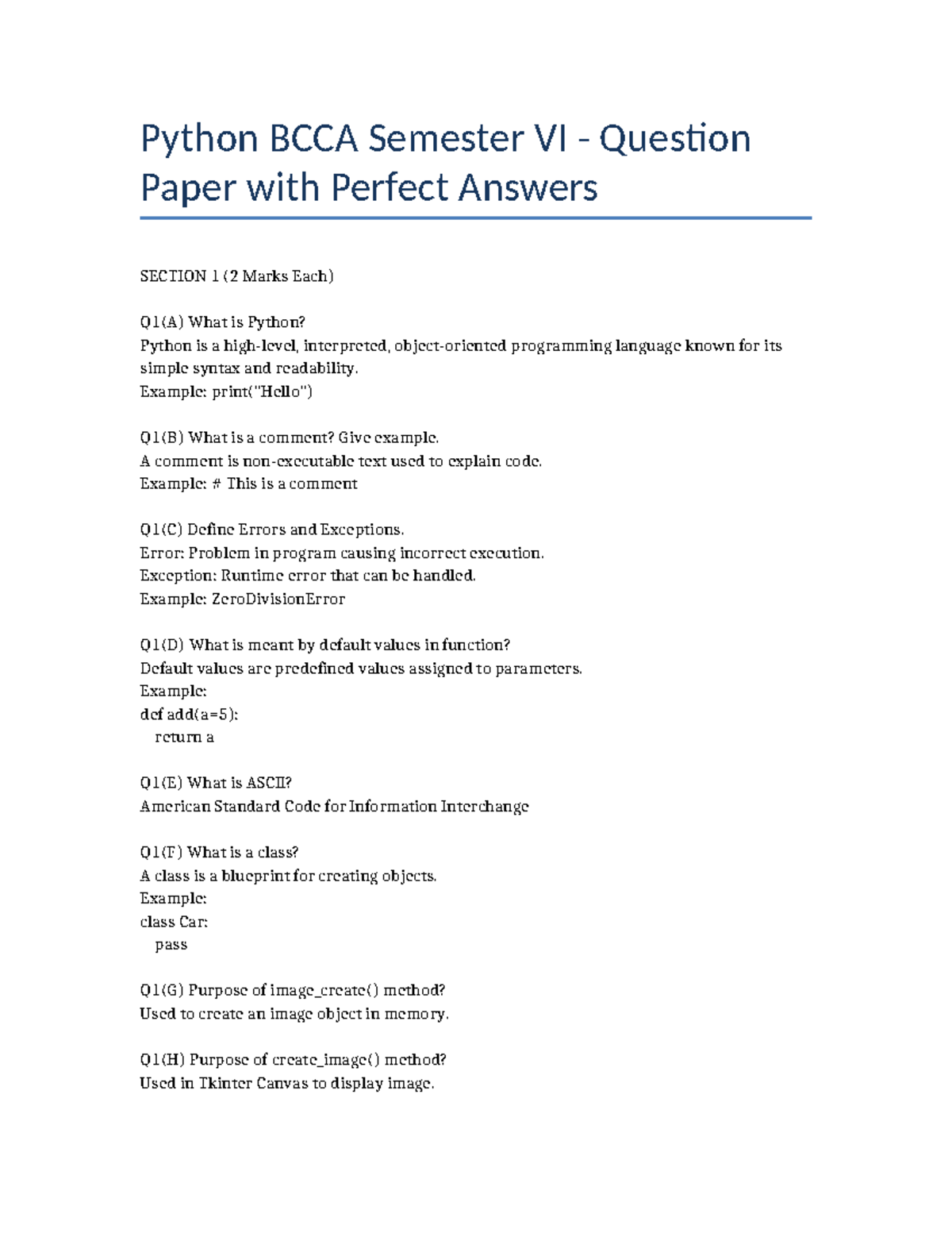 Python BCCA Sem VI Exam Q&A: Comprehensive Guide - Studocu