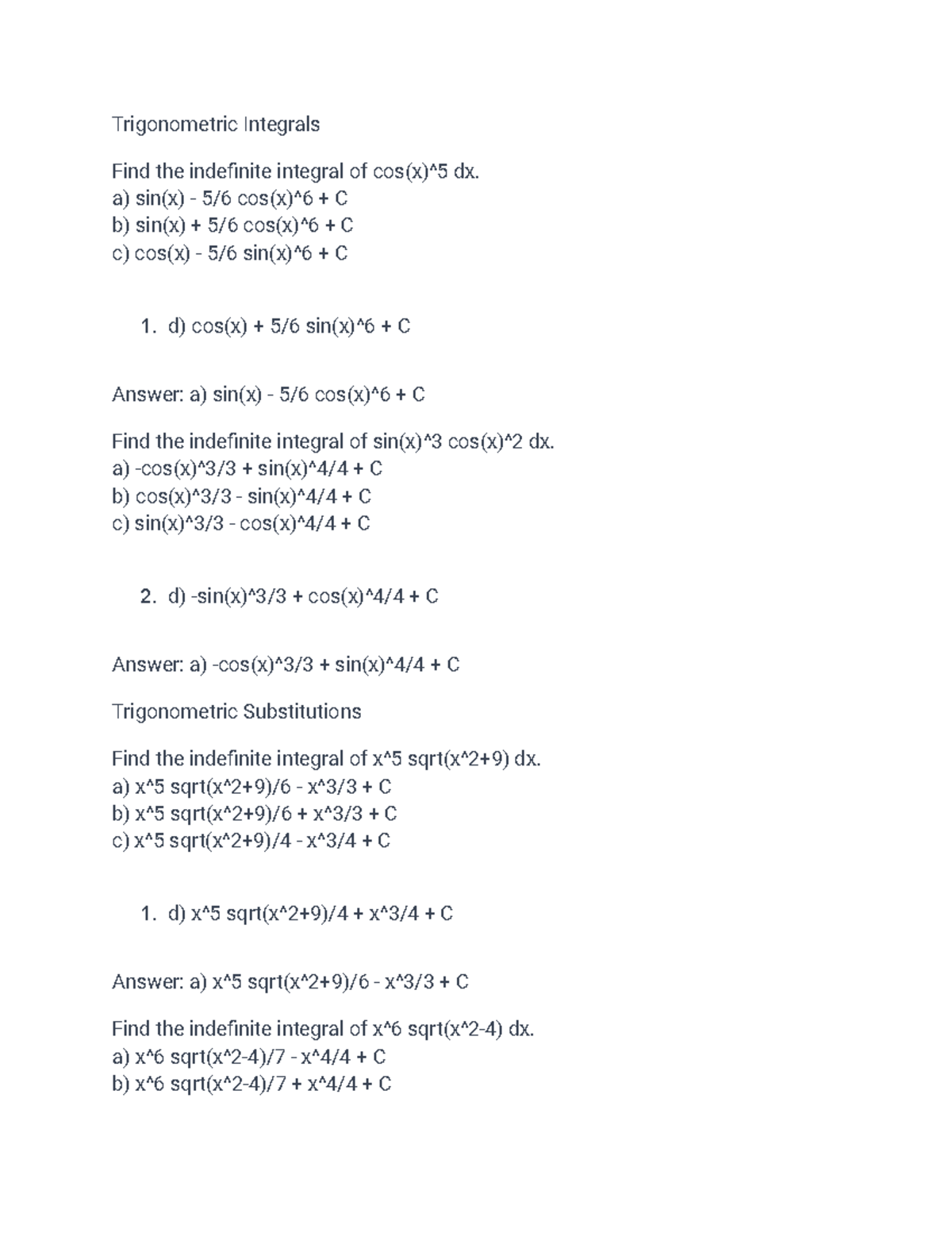 MA 162 Exam 2 Practice Homework Problems - Trigonometric Integrals Find ...