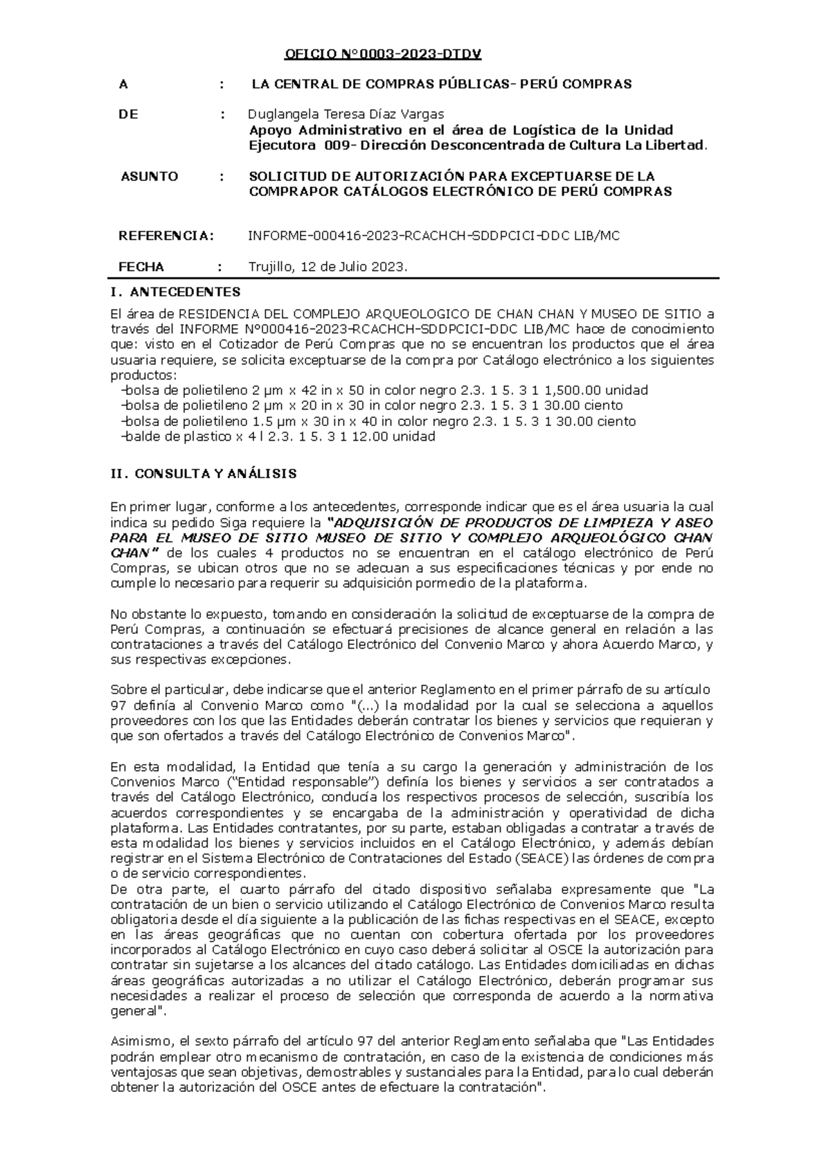 Solicitud de Exceptuarse del Catálogo Electrónico de Perú Compras - Oficio 0003-2023-DTDV - Document Preview