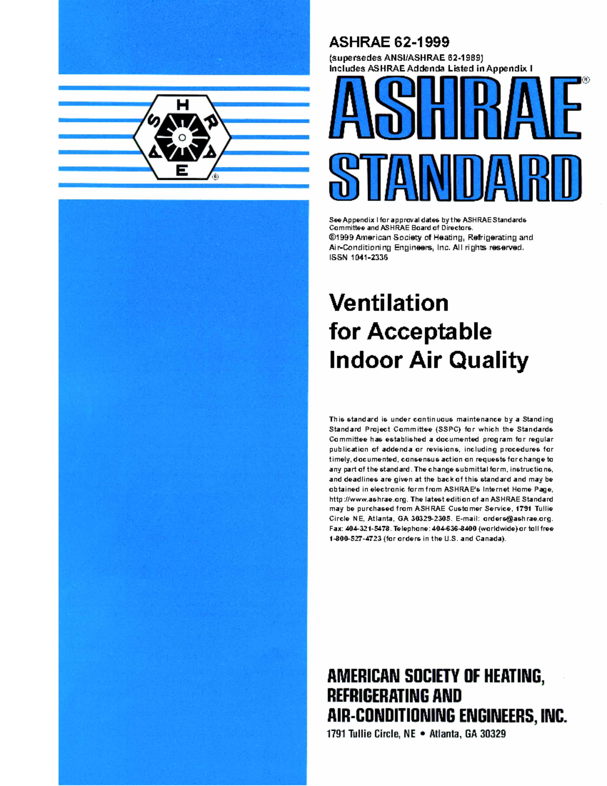 ASHRAE Standard 62-1999: Guidelines for Acceptable Indoor Air Quality ...
