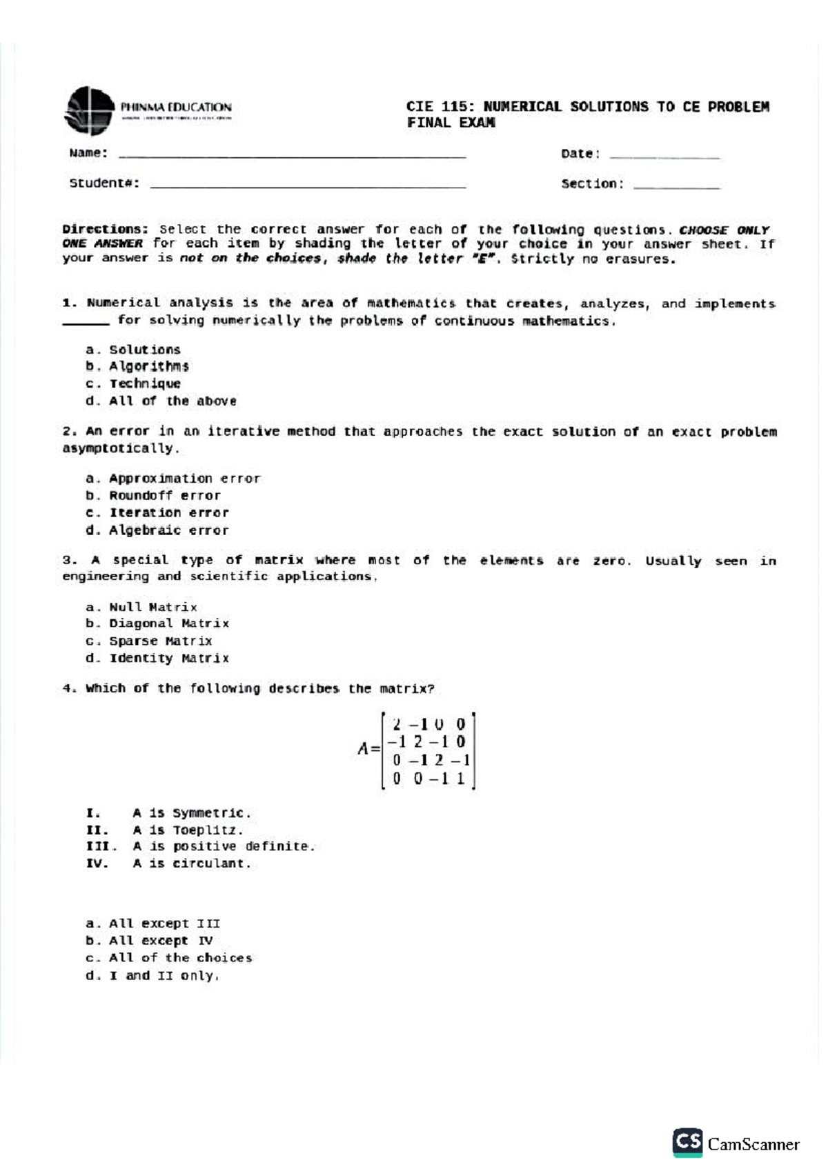 PHINMA EDUCATION CIE 115: NUMERICAL SOLUTIONS TO CE PROBLEM FINAL EXAM ...