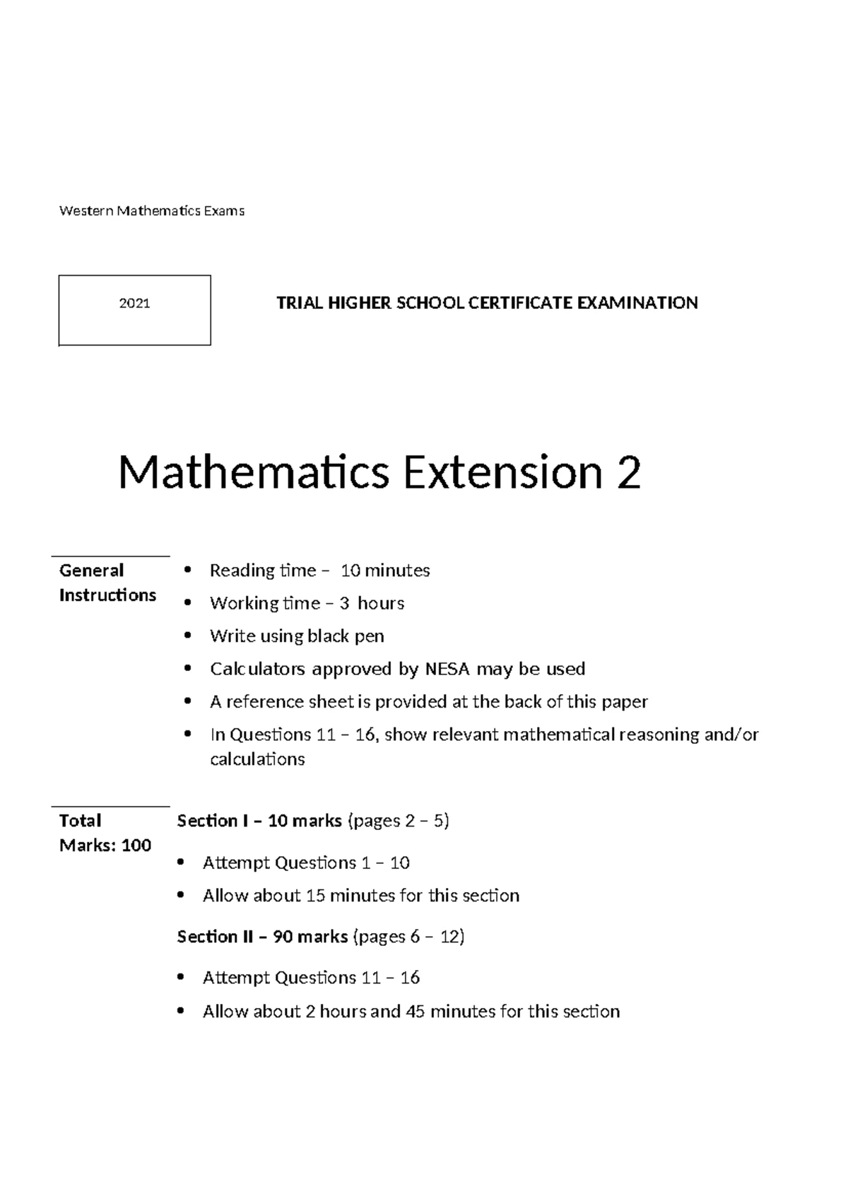 CSSA Mathematics Extension 1 Trial HSC Exam 2021 - Studocu