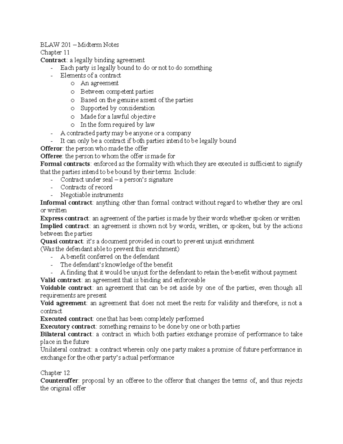 BLAW 201 Midterm Notes - BLAW 201 – Midterm Notes Chapter 11 Contract ...