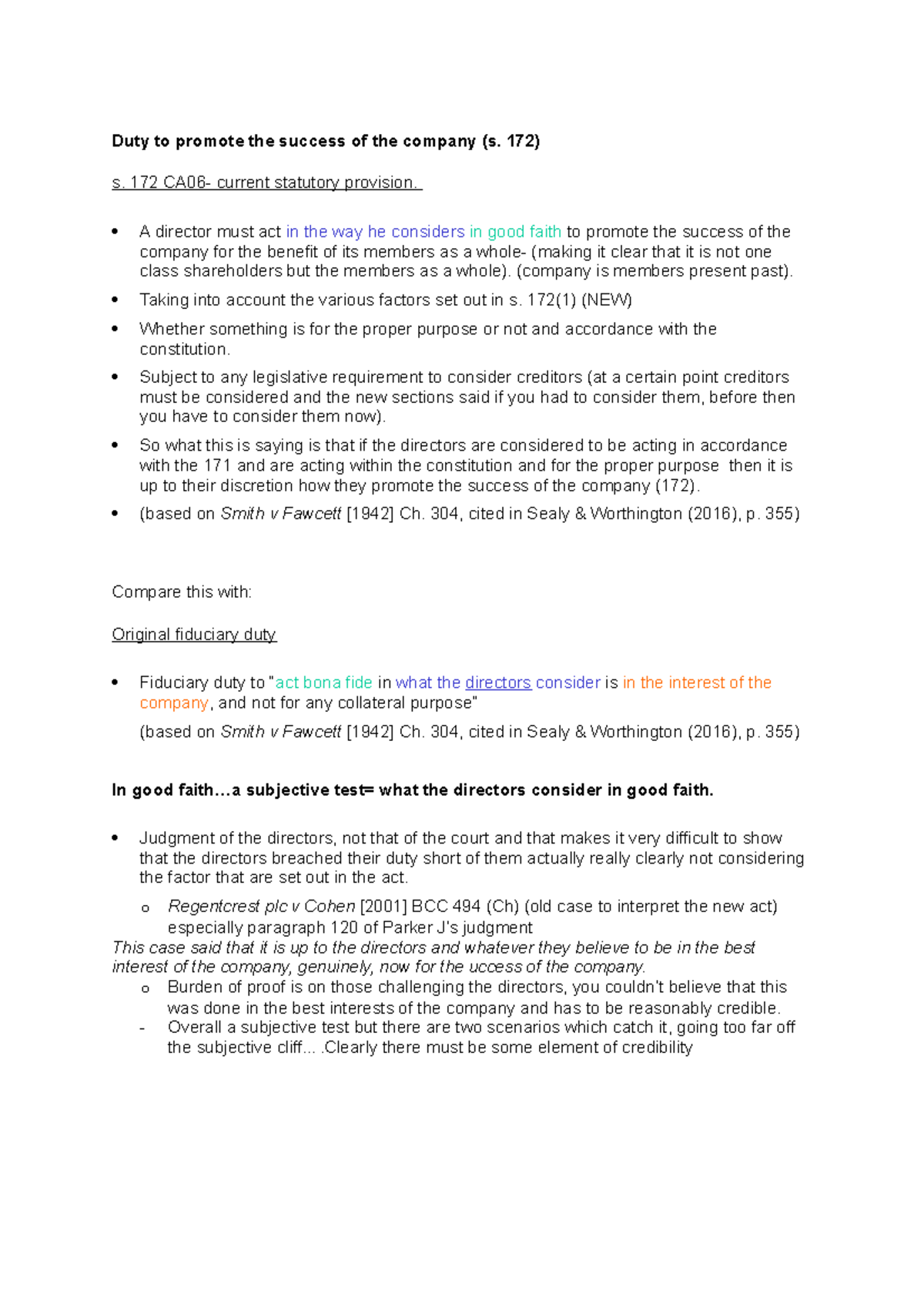 Analysis of Duty to Promote Success under s. 172 CA06: Challenges and ...