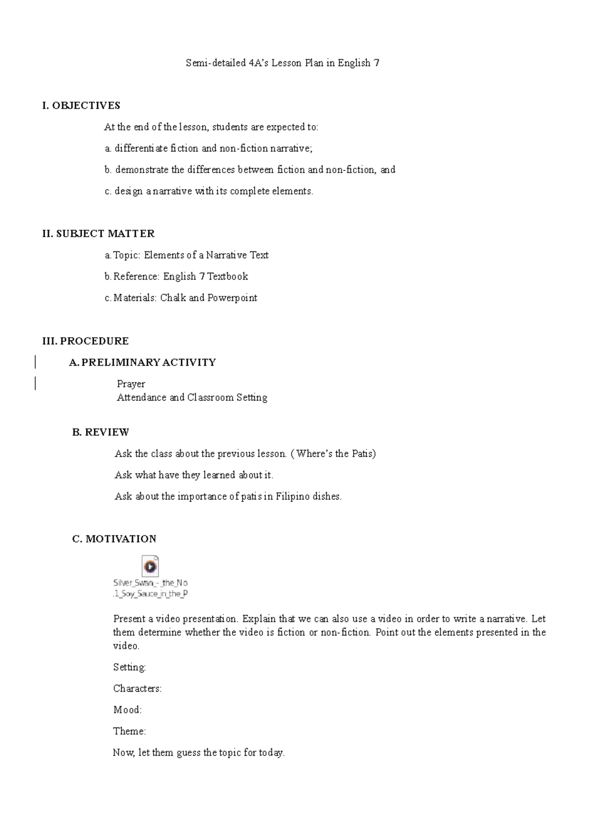 English 7 Final Exam: Lesson Plan on Elements of Narrative Text - Studocu