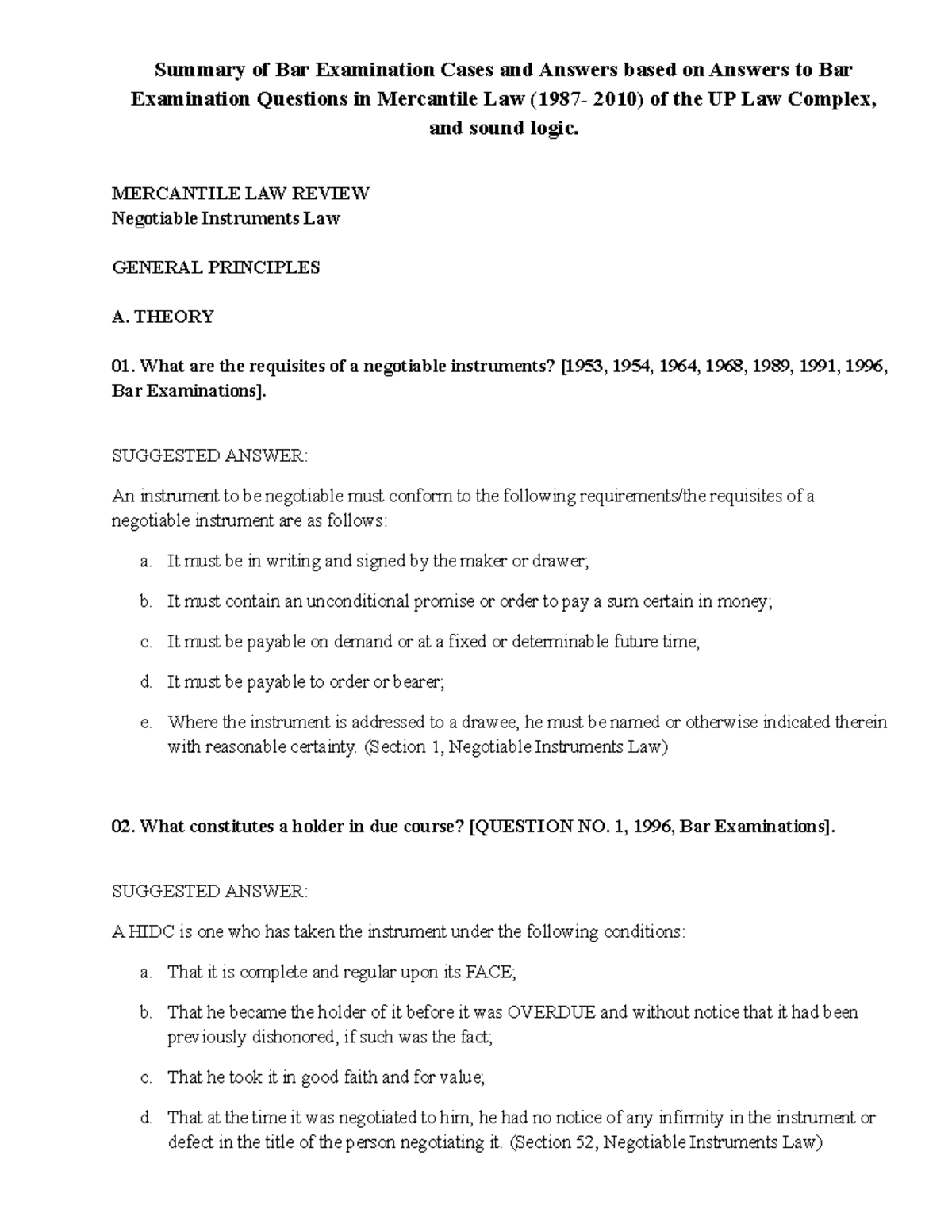 MERCANTILE LAW FINAL EXAM REVIEW: Exam Questions & Answers (1987-2010 ...