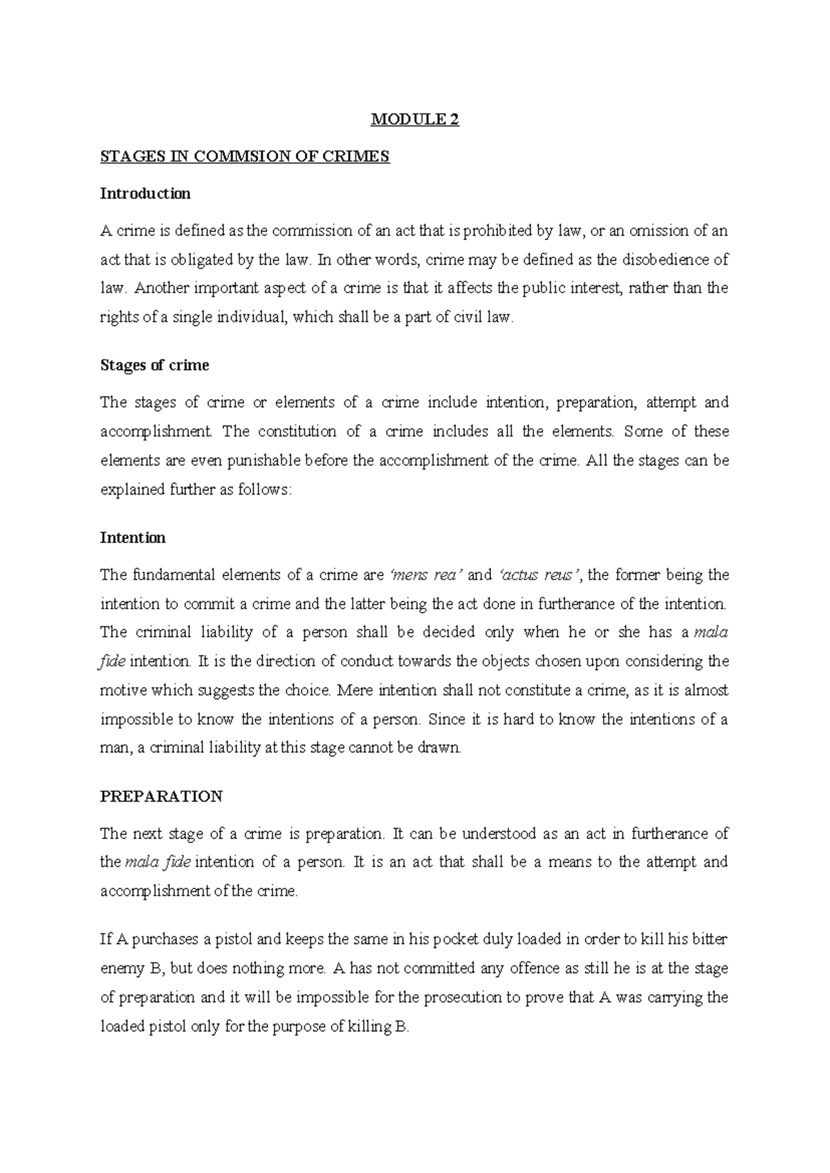IPC EXAM Notes - MODULE 2 STAGES IN COMMSION OF CRIMES Introduction A ...