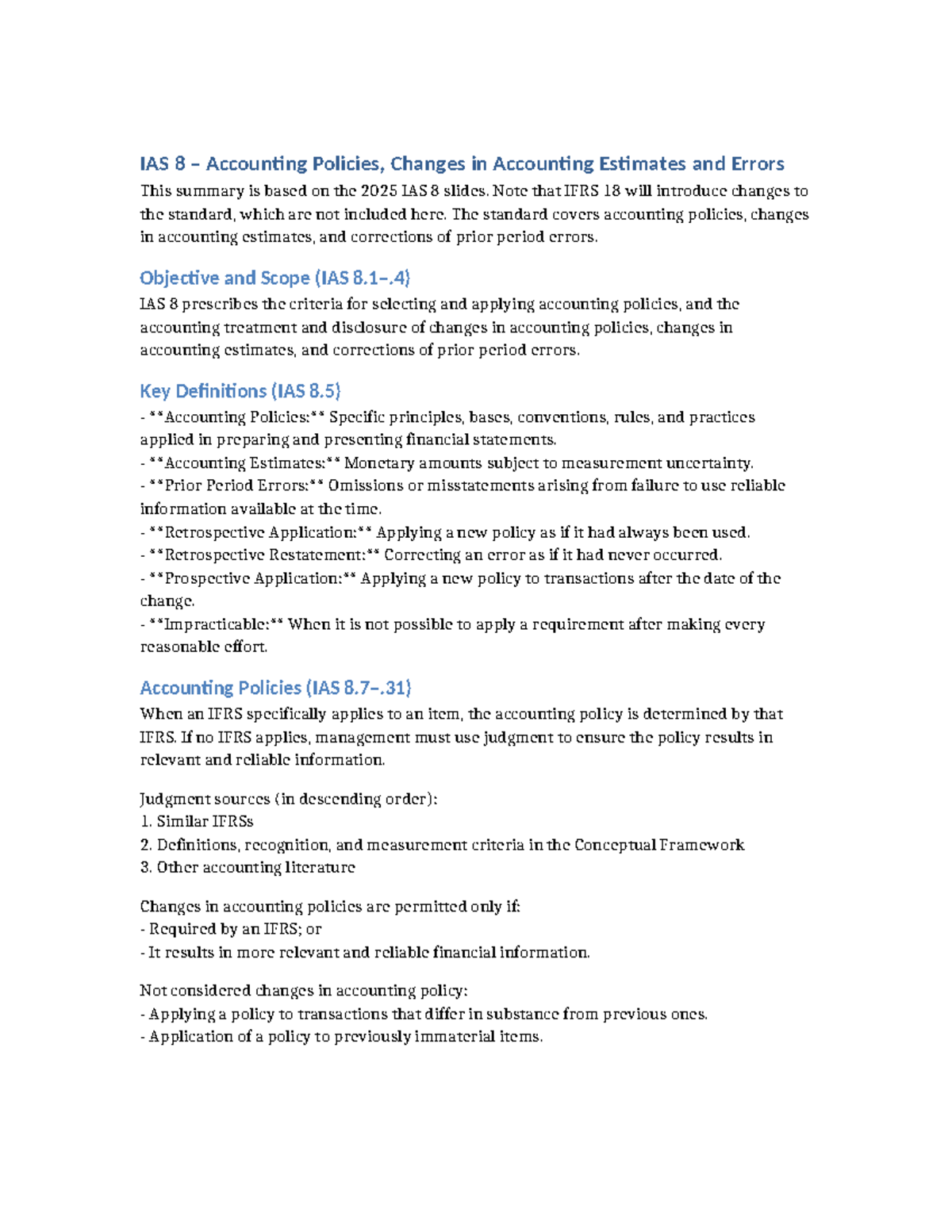 IAS 8 Notes 2025: Accounting Policies, Estimates & Errors Summary - Studocu