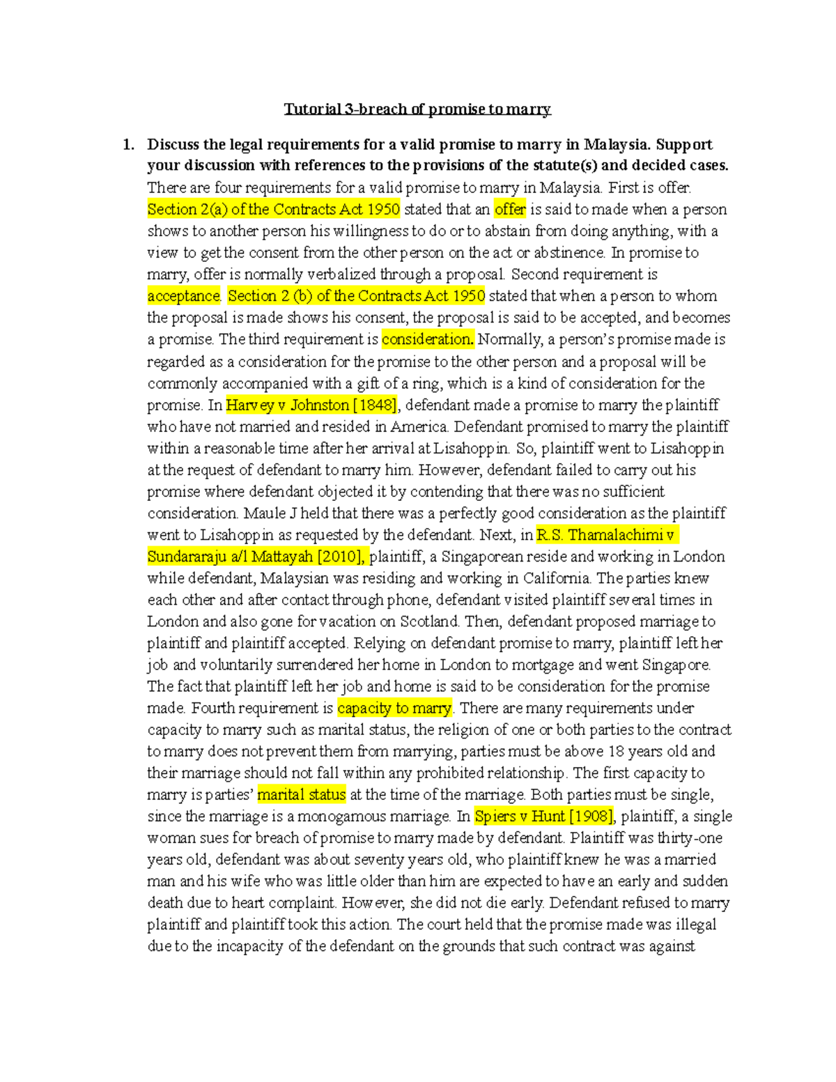 303756 Tutorial 3 - Legal Requirements for Breach of Promise to Marry ...