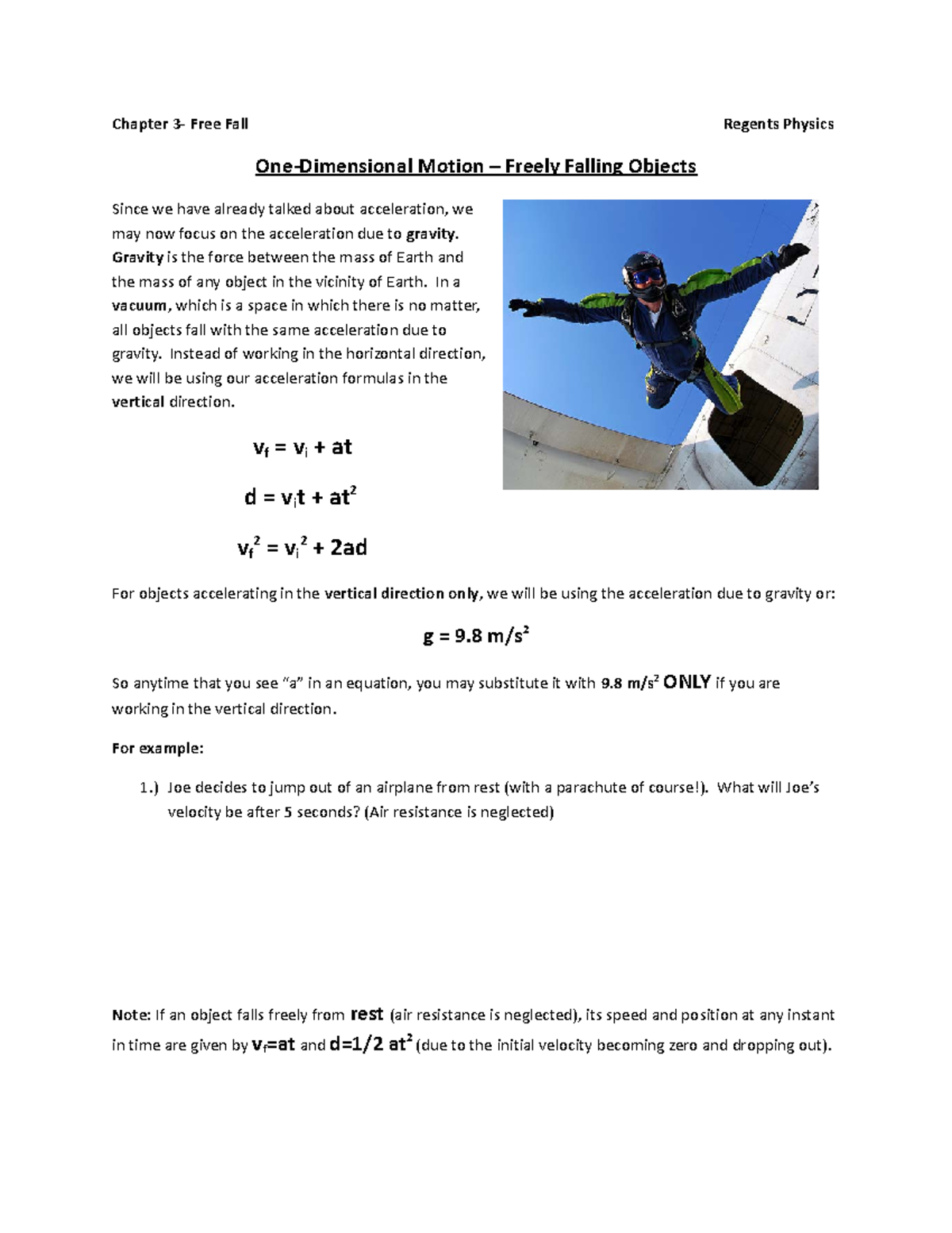 Chapter 3 - Free Fall Notes for Regents Physics (One-Dimensional Motion ...