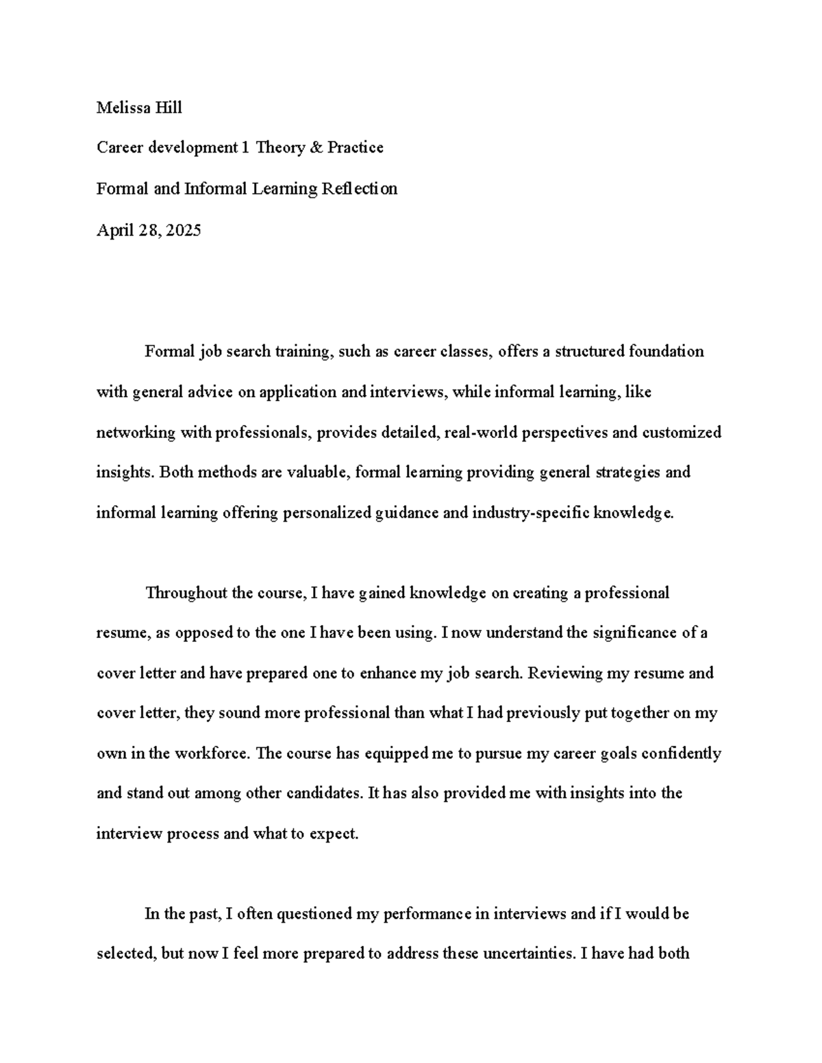 Formal and Informal Learning Reflection - Melissa Hill Career ...