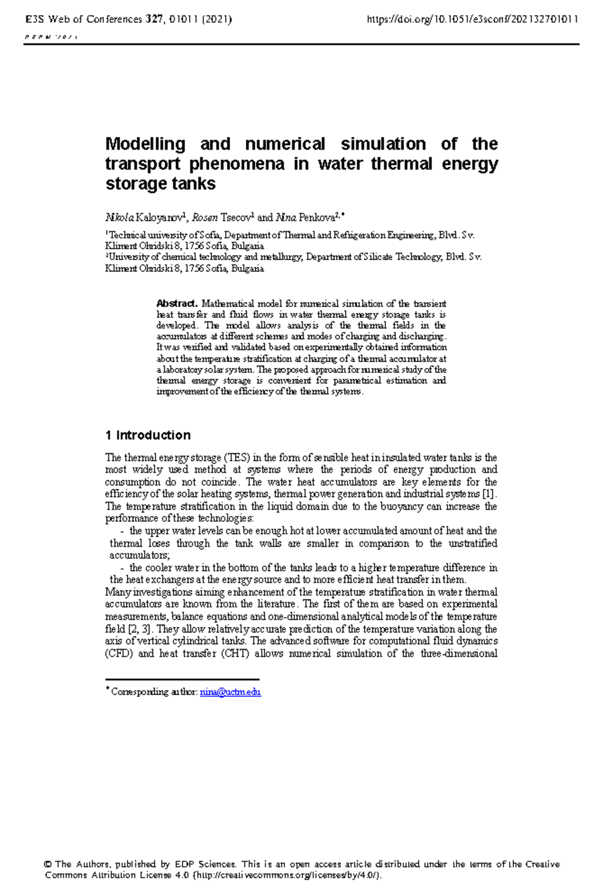 E3S Web of Conferences 327: Numerical Simulation of Thermal Energy ...