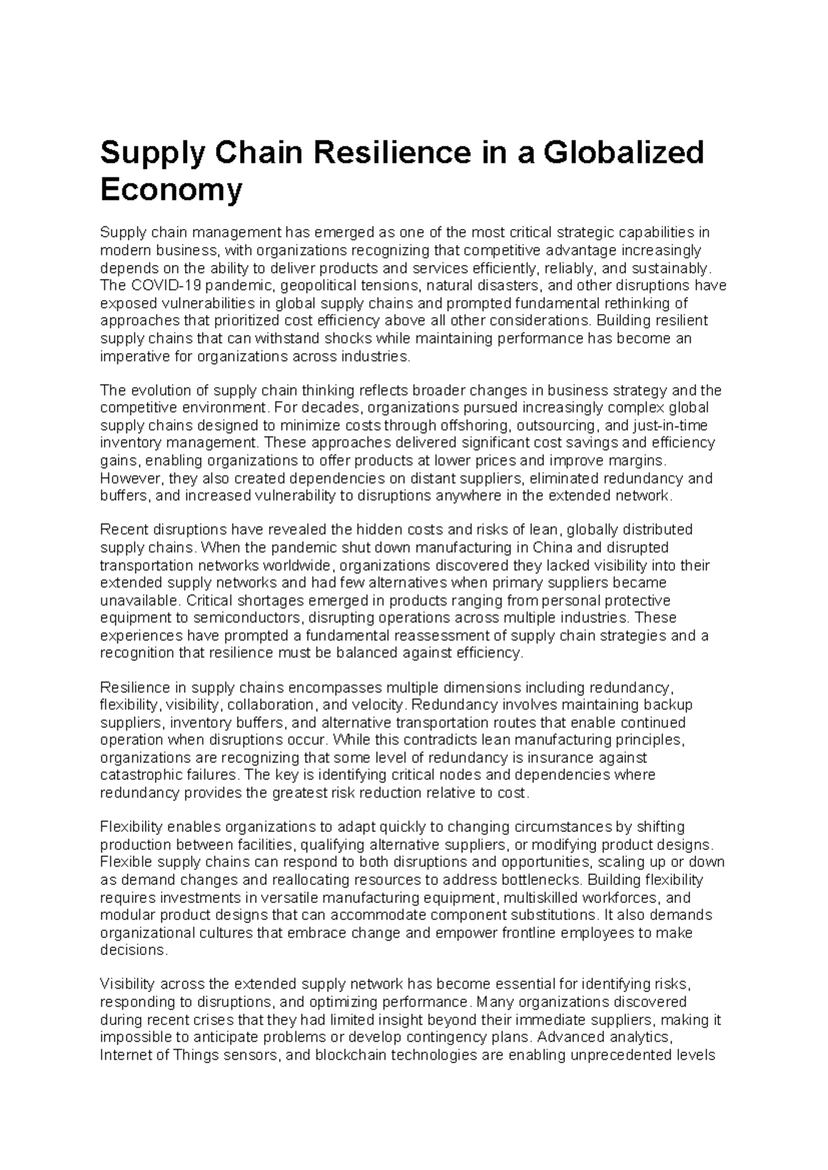 Supply Chain Resilience Strategies in a Globalized Economy - Studocu