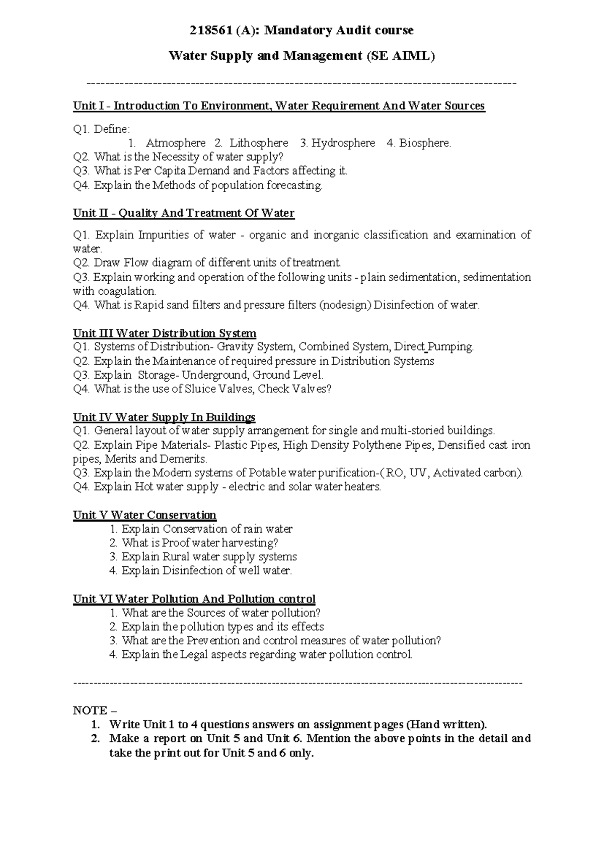 Mandatory Assignments for Water Supply Management (SE AIML) - Studocu