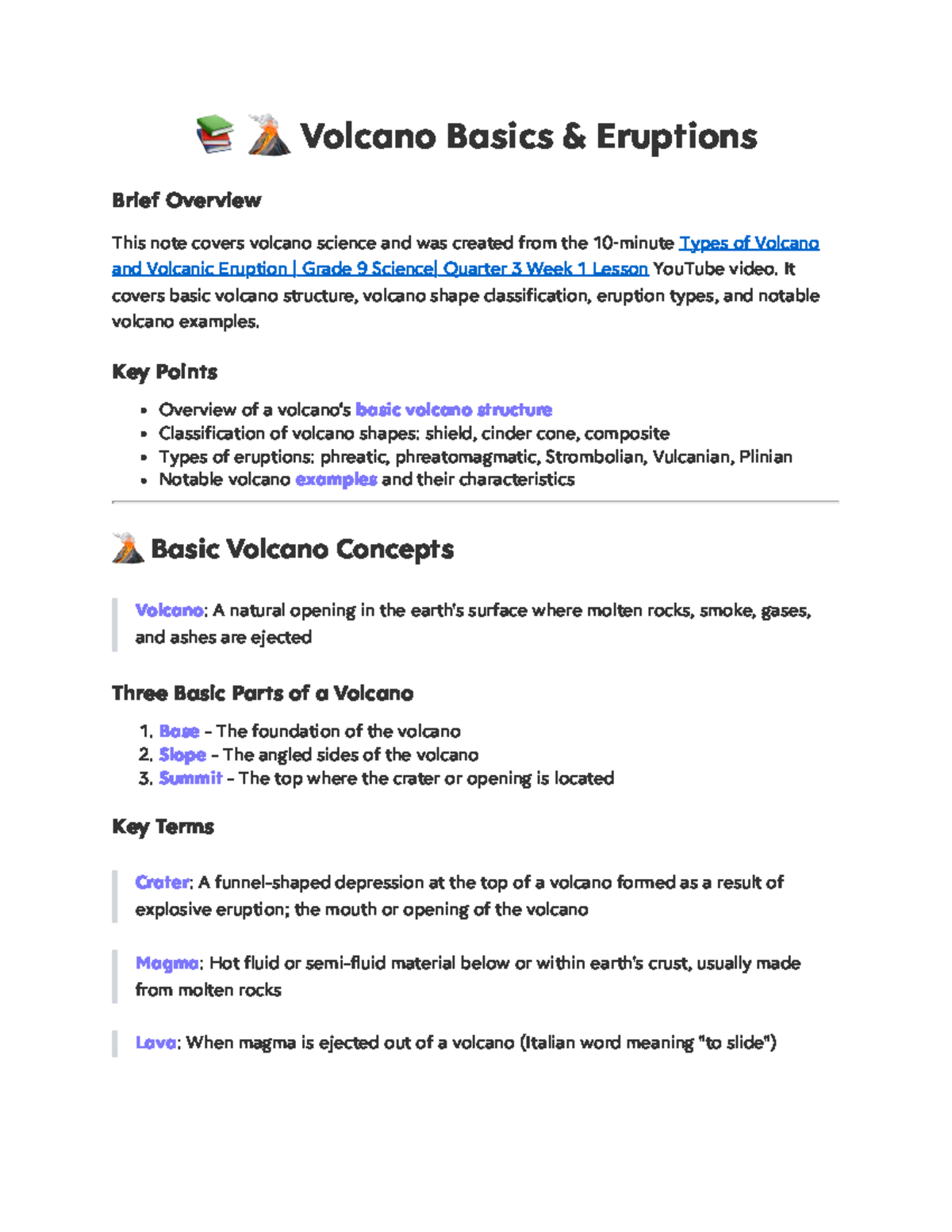 Grade 9 Science: Volcano Basics & Eruptions Overview - Studocu