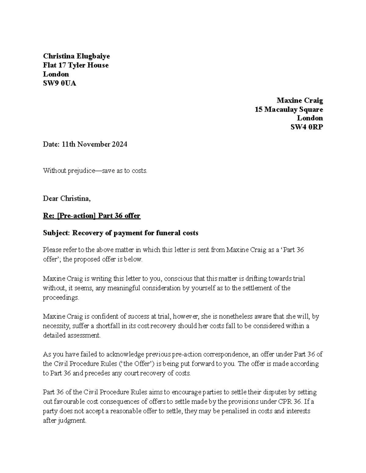 Part 36 Offer Letter for Funeral Costs - Maxine Craig to Christina E ...