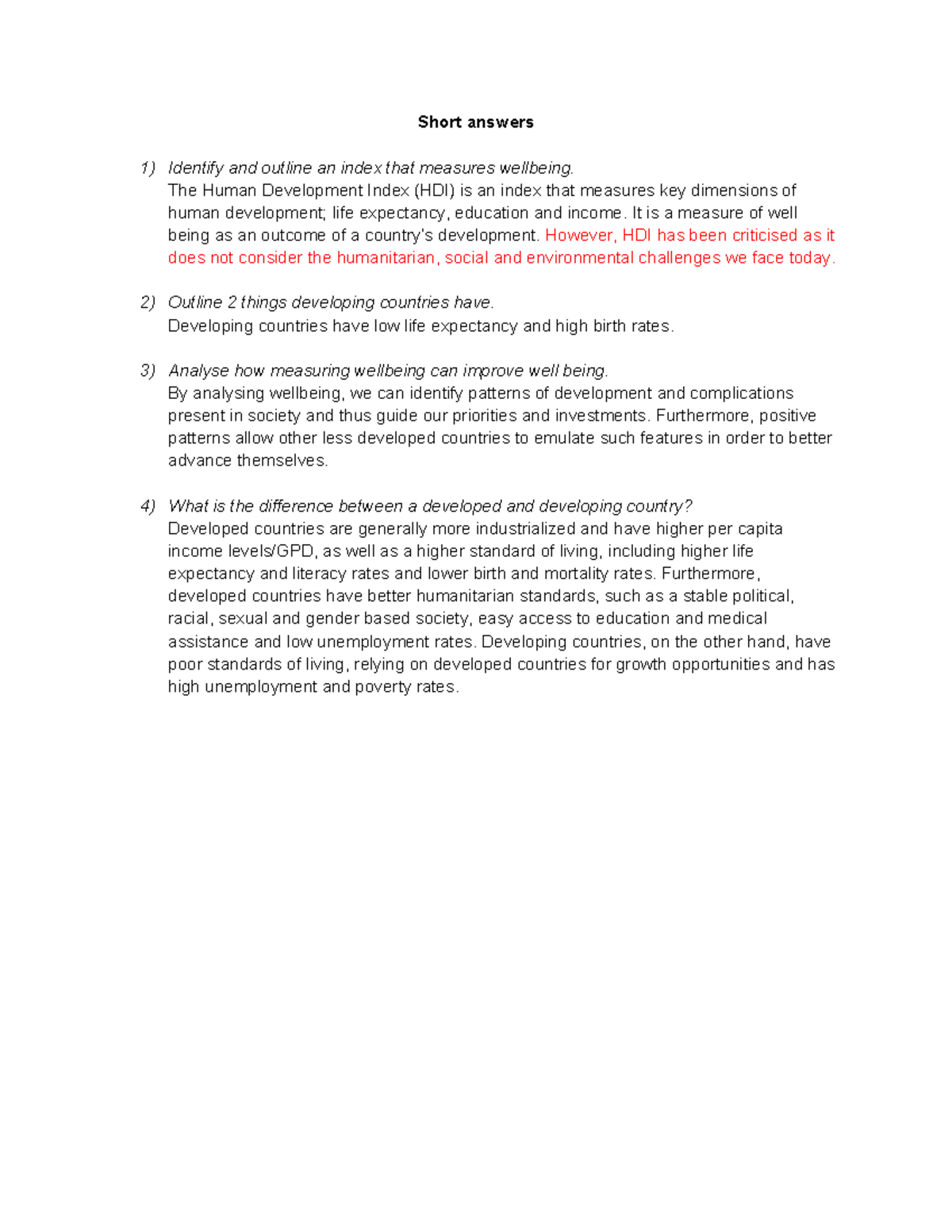 Short Answer Questions on Wellbeing and Development (HDI) - Studocu