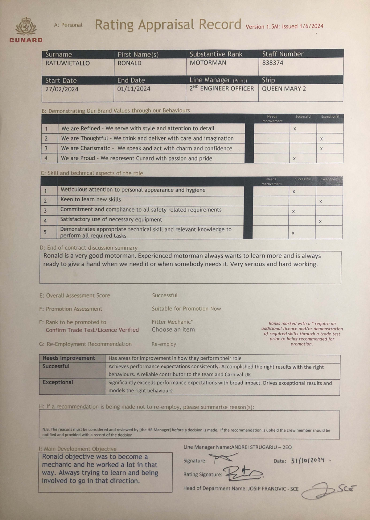 CUNARD Appraisal Record for Ronald Motorman - Version 1.5 - Studocu