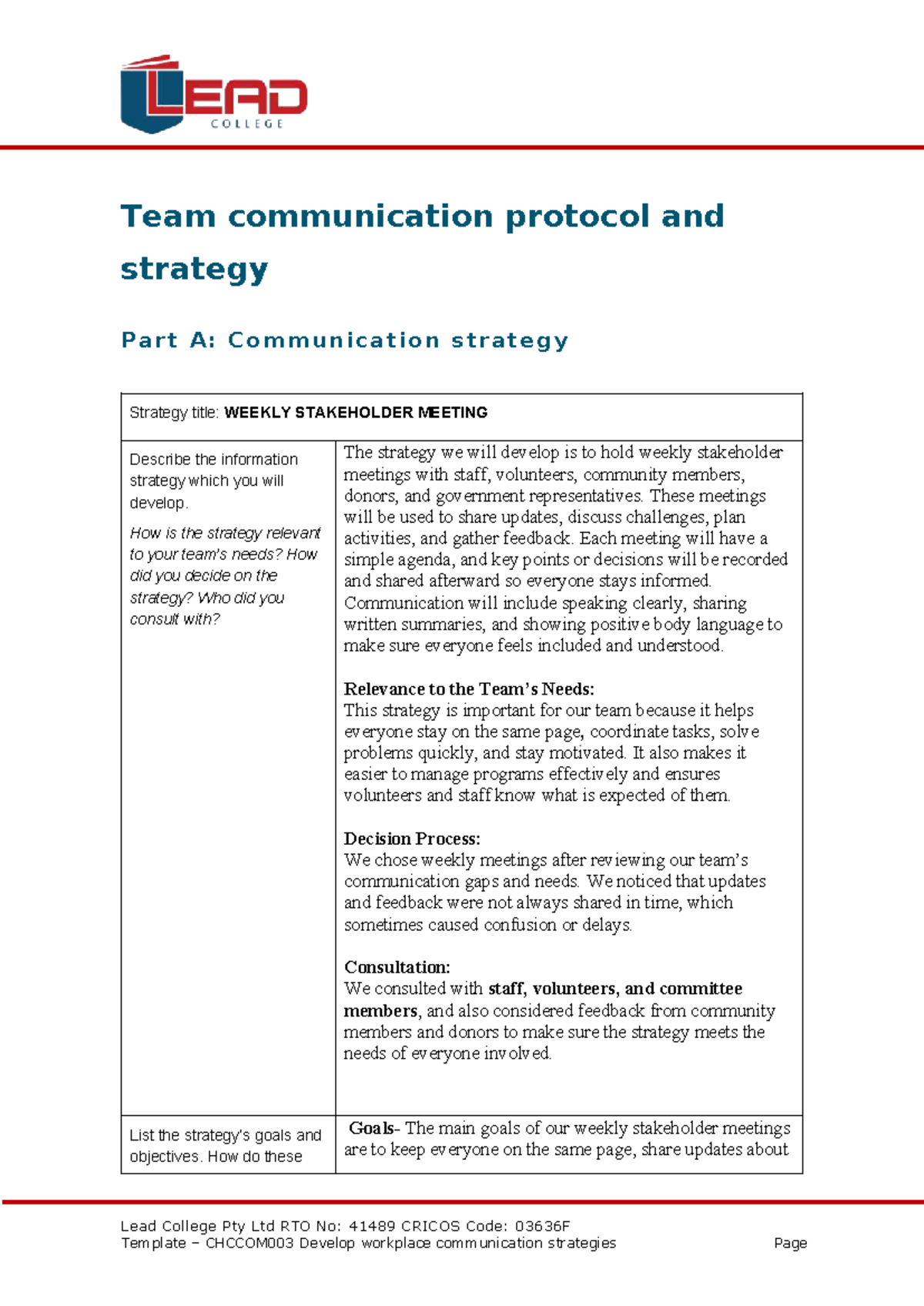 CHCCOM003 - Team Communication Strategy: Weekly Stakeholder Meetings ...