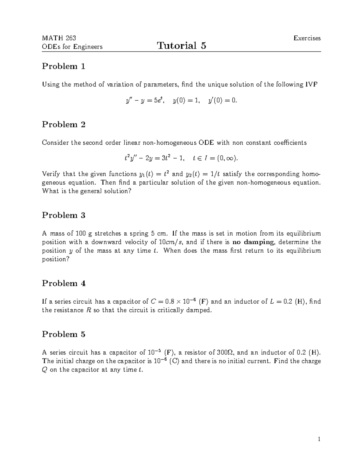 MATH 263 ODEs for Engineers Tutorial 5 Exercises and Solutions - Studocu