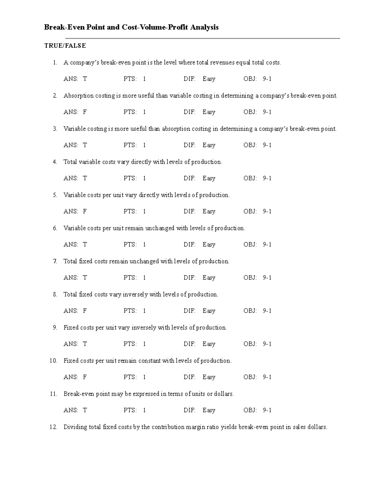 CVP 101 - Break-Even Point & Cost-Volume-Profit Analysis Test Bank ...