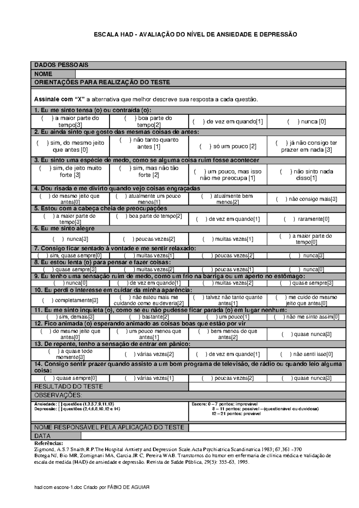 Escala HAD de Avaliação da Ansiedade e Depressão: Teste e Resultados ...