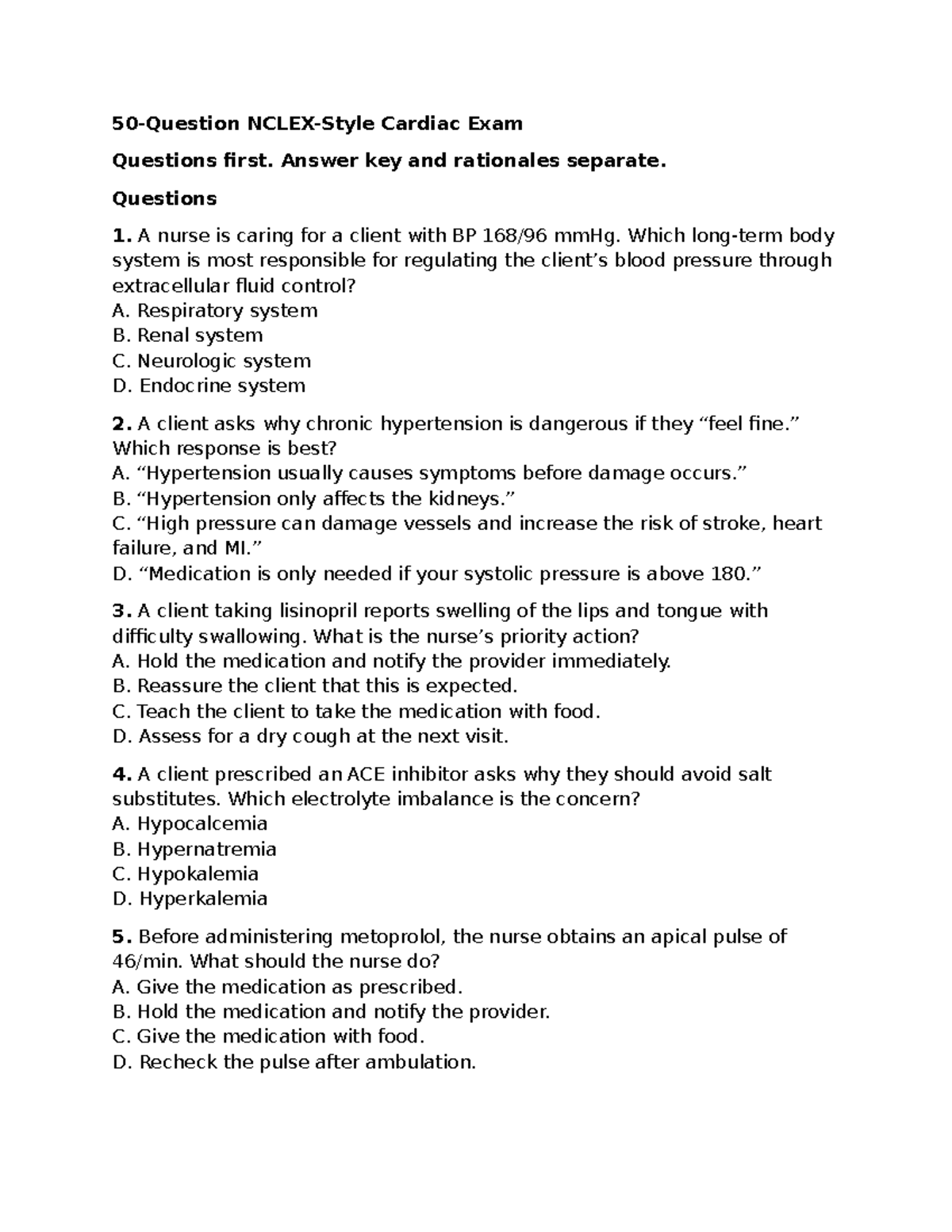 Cardiac Exam NCLEX Questions and Rationales - Studocu
