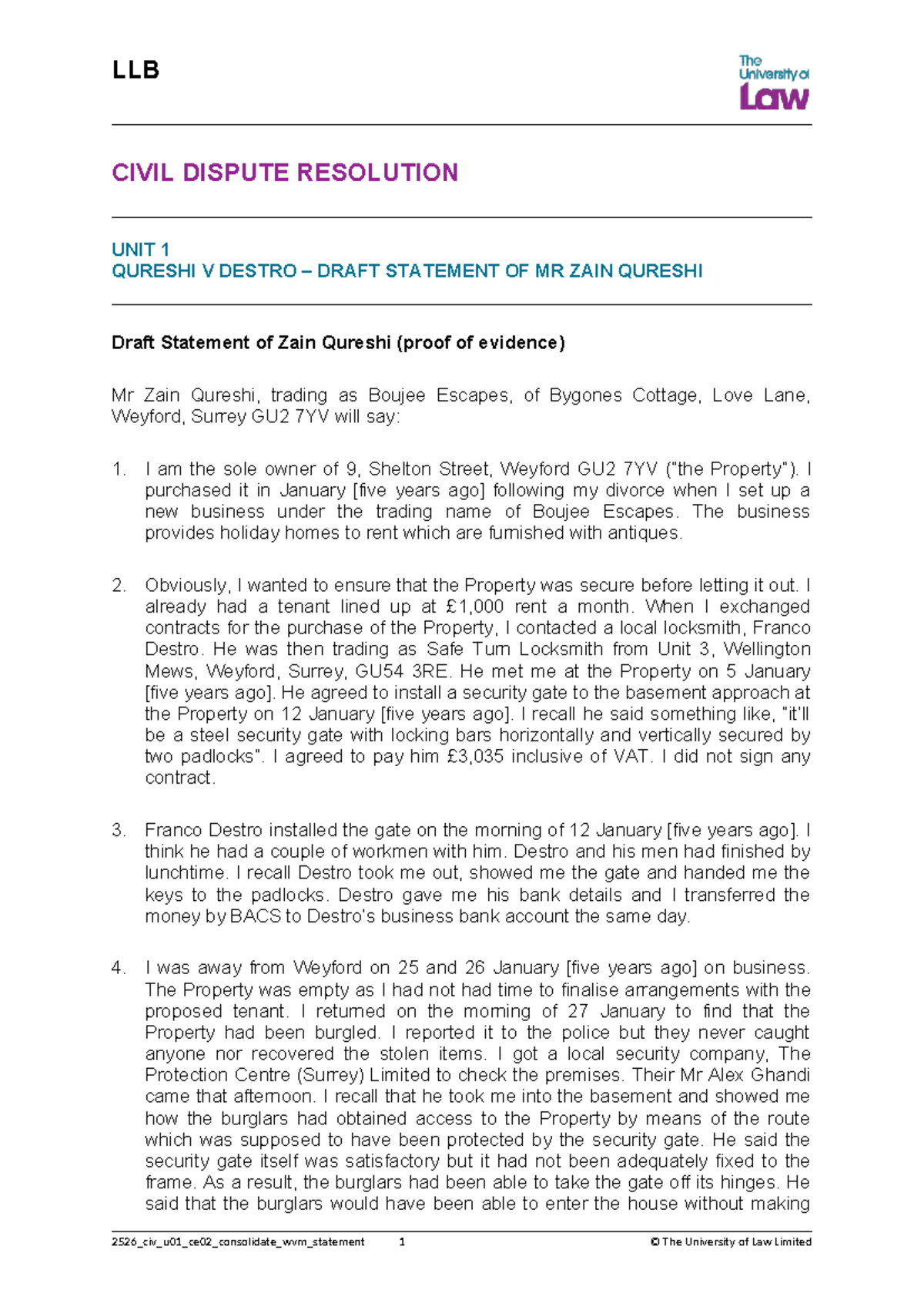 LLB CIVIL DISPUTE RESOLUTION UNIT 1: DRAFT STATEMENT OF ZAIN QURESHI ...