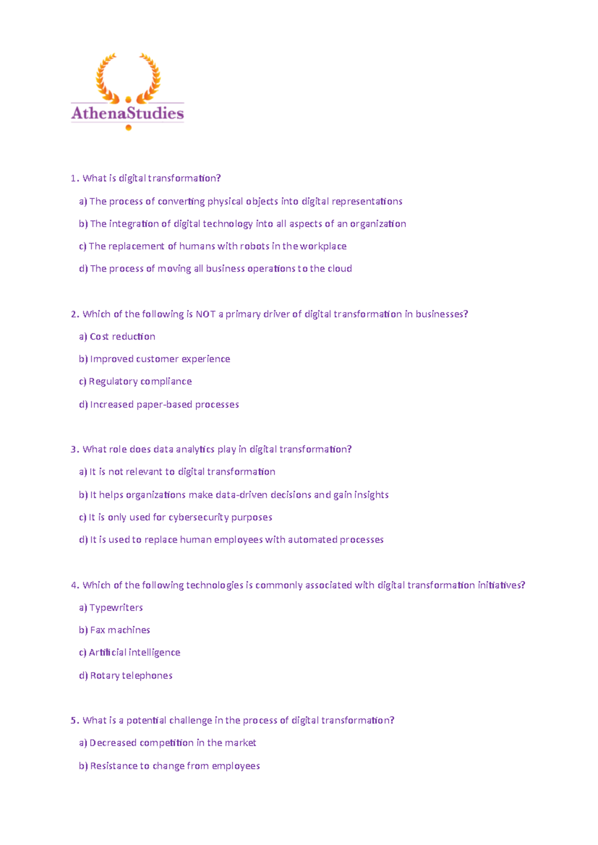 Digital Transformation Quiz Questions & Insights - Studeersnel