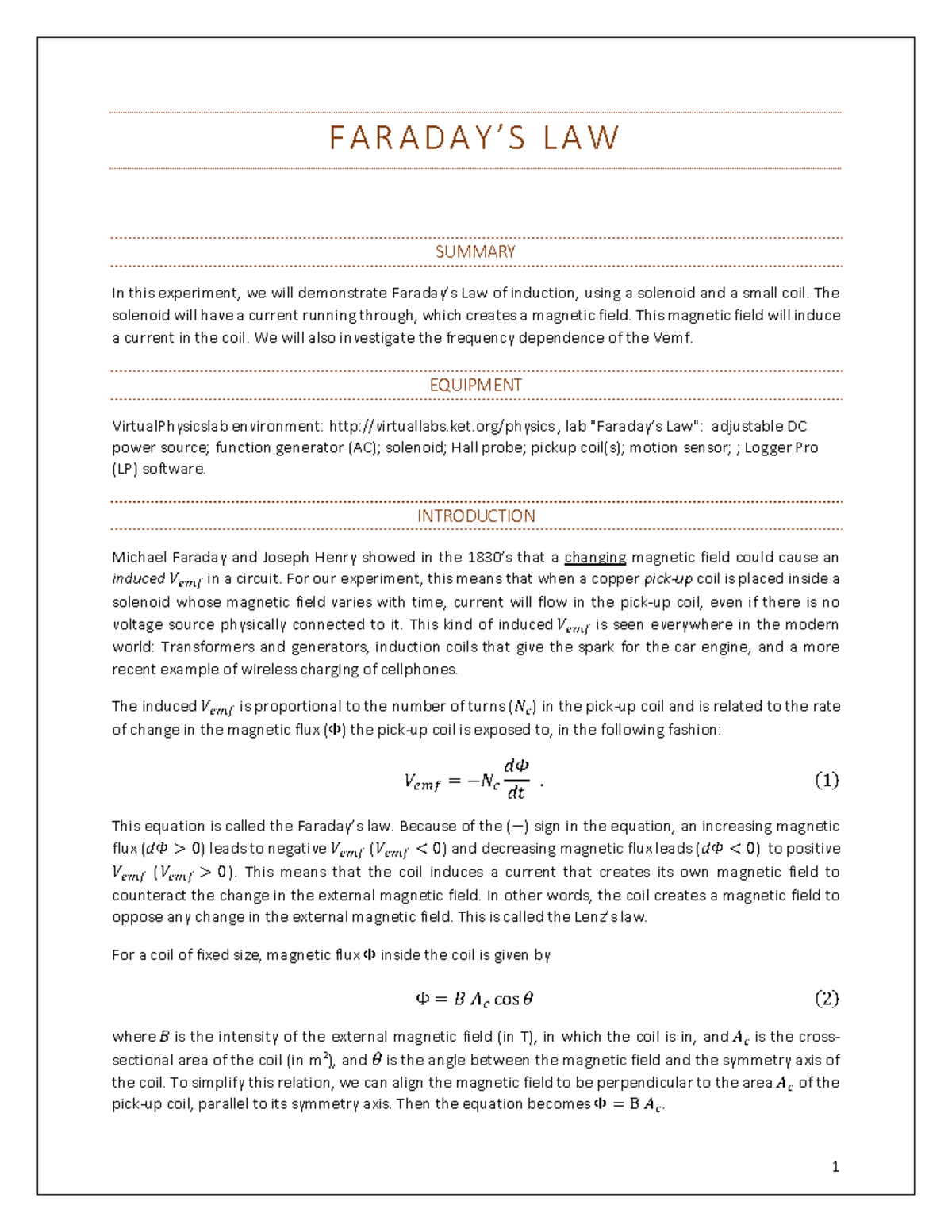 Lab 9 - Faraday's Law Online 2020 Manual X - FARADAY’S LAW SUMMARY In ...