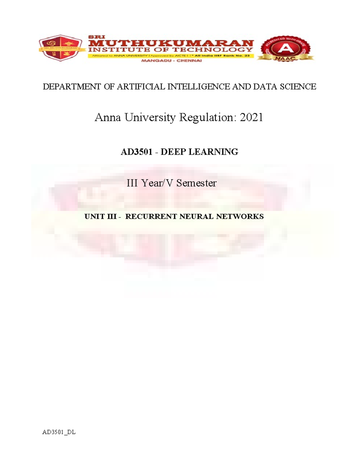 AD3501 Deep Learning Unit 3: Recurrent Neural Networks Notes - Studocu