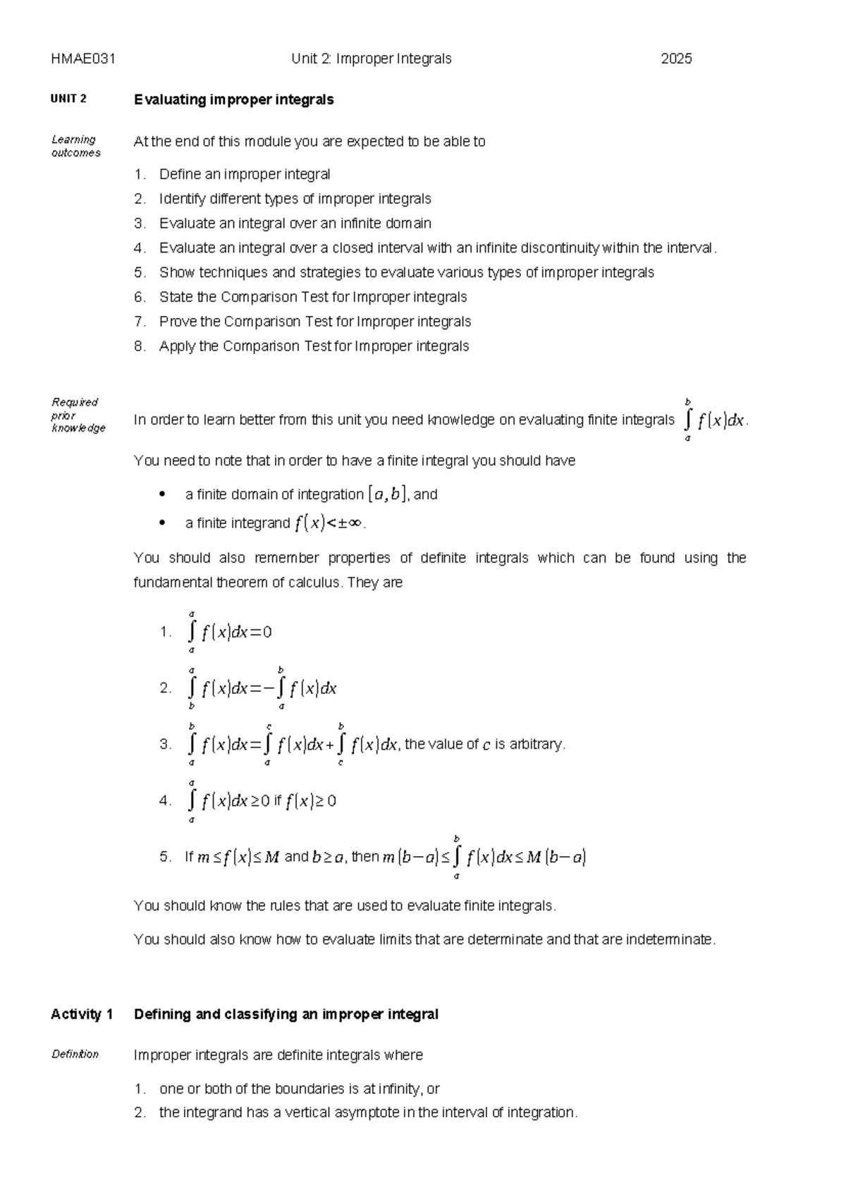 HMAE031 Unit 2: Evaluating Improper Integrals - 2025 Guide - Studocu