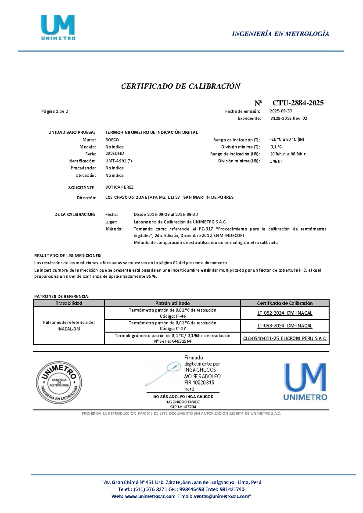 Certificado de Calibración de Termohigrómetro - UNIMETRO S.A.C. - Document Preview