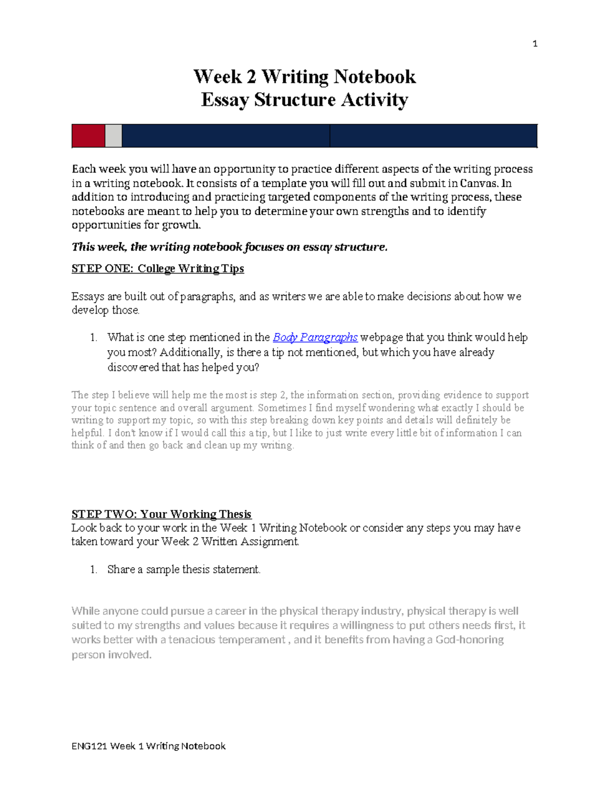 ENG121 Week 2 Writing Notebook: Essay Structure Activity Guide - Studocu