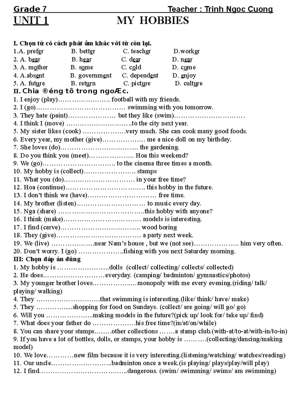 Exercises for Grade 7: Unit 1 My Hobbies Activities - Studocu