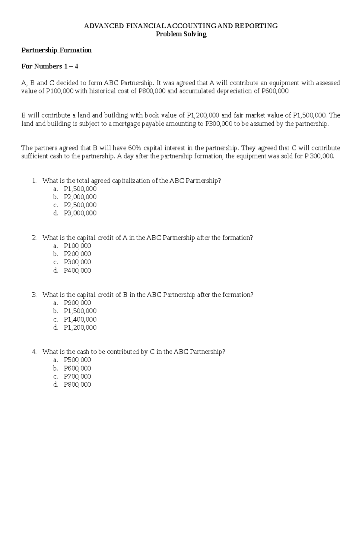 Advanced Accounting: Partnership Formation & Liquidation QLL - Studocu