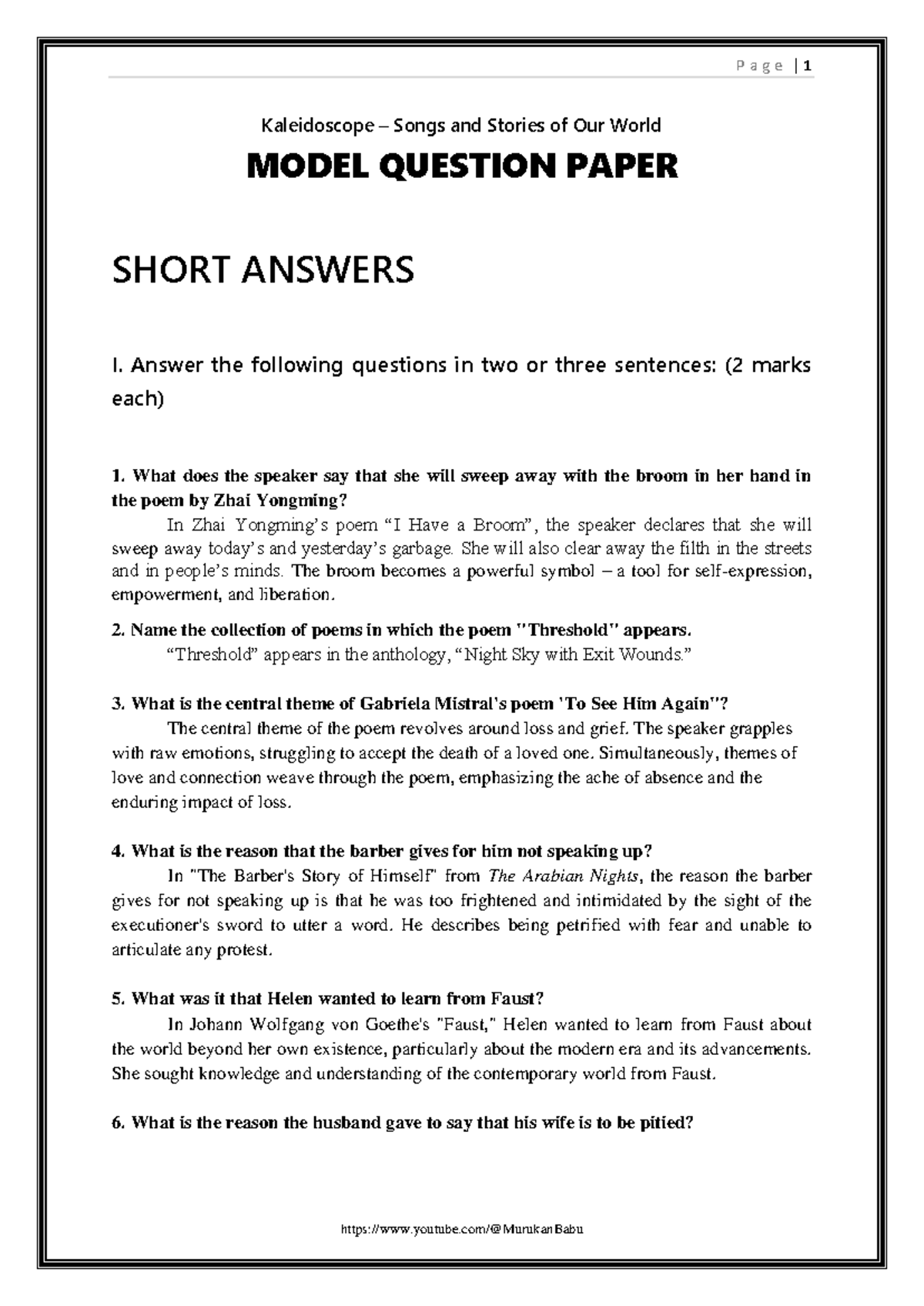 A06 Model QP on Literary Analysis and Themes in Poetry - Studocu