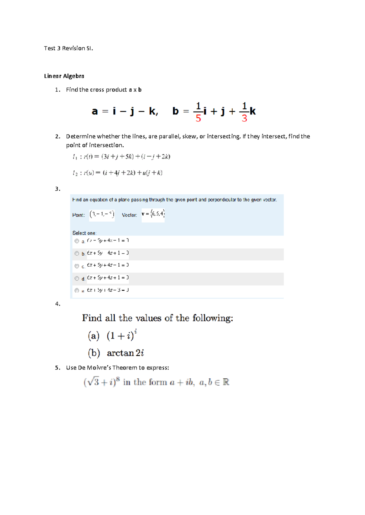 Math140 Worksheet 12 - MATH140 - Test 3 Revision SI. Linear Algebra 1 ...