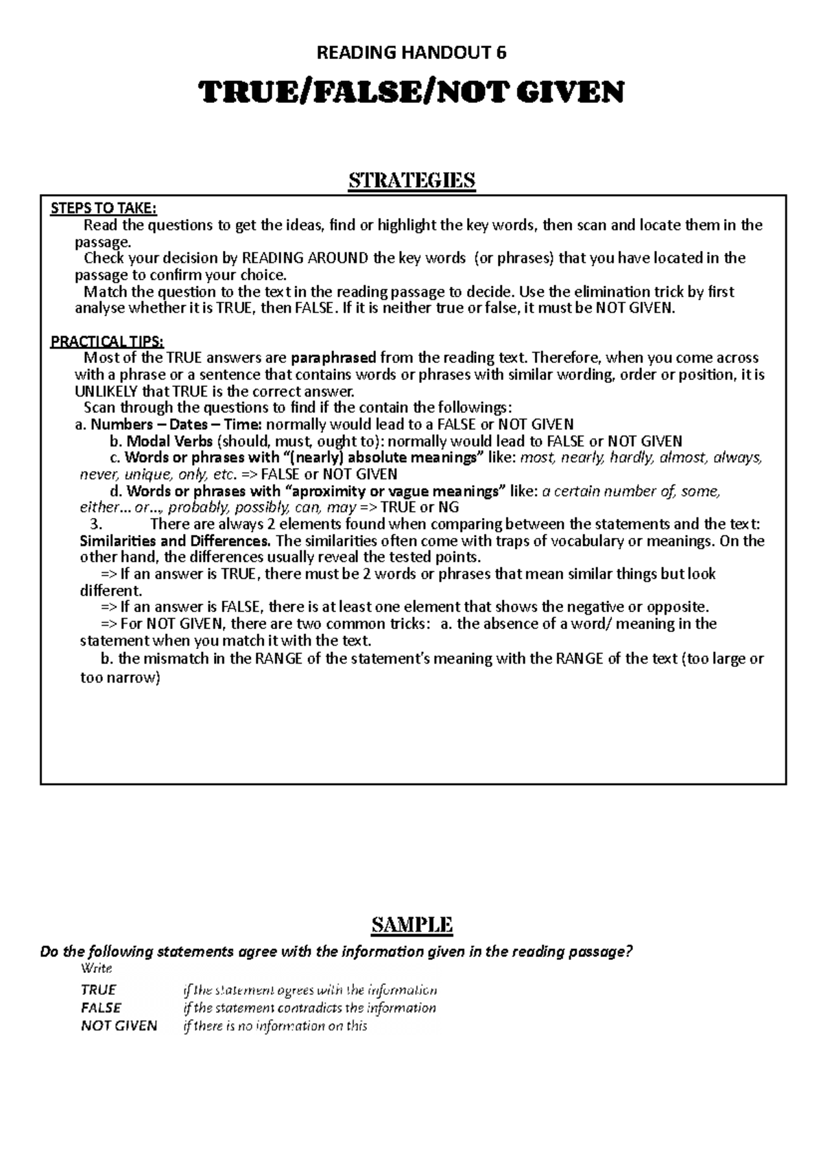 Reading Handout 6 Ie2 True False Not Given Strategies And Practice