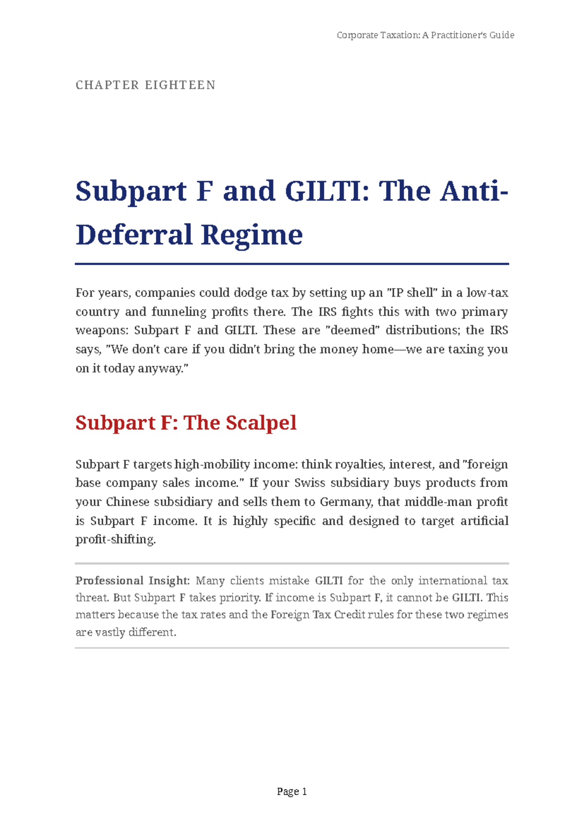 Corporate Taxation: CH 18 Subpart F & GILTI Anti-Deferral Regime - Studocu